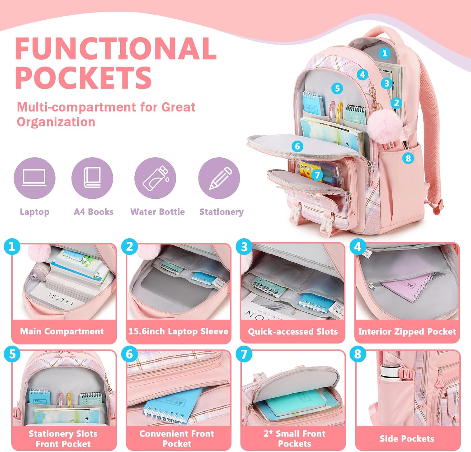 Girls Backpack for School, Kawaii Bookbag for Teen Multiple Pockets School Bag for Primary