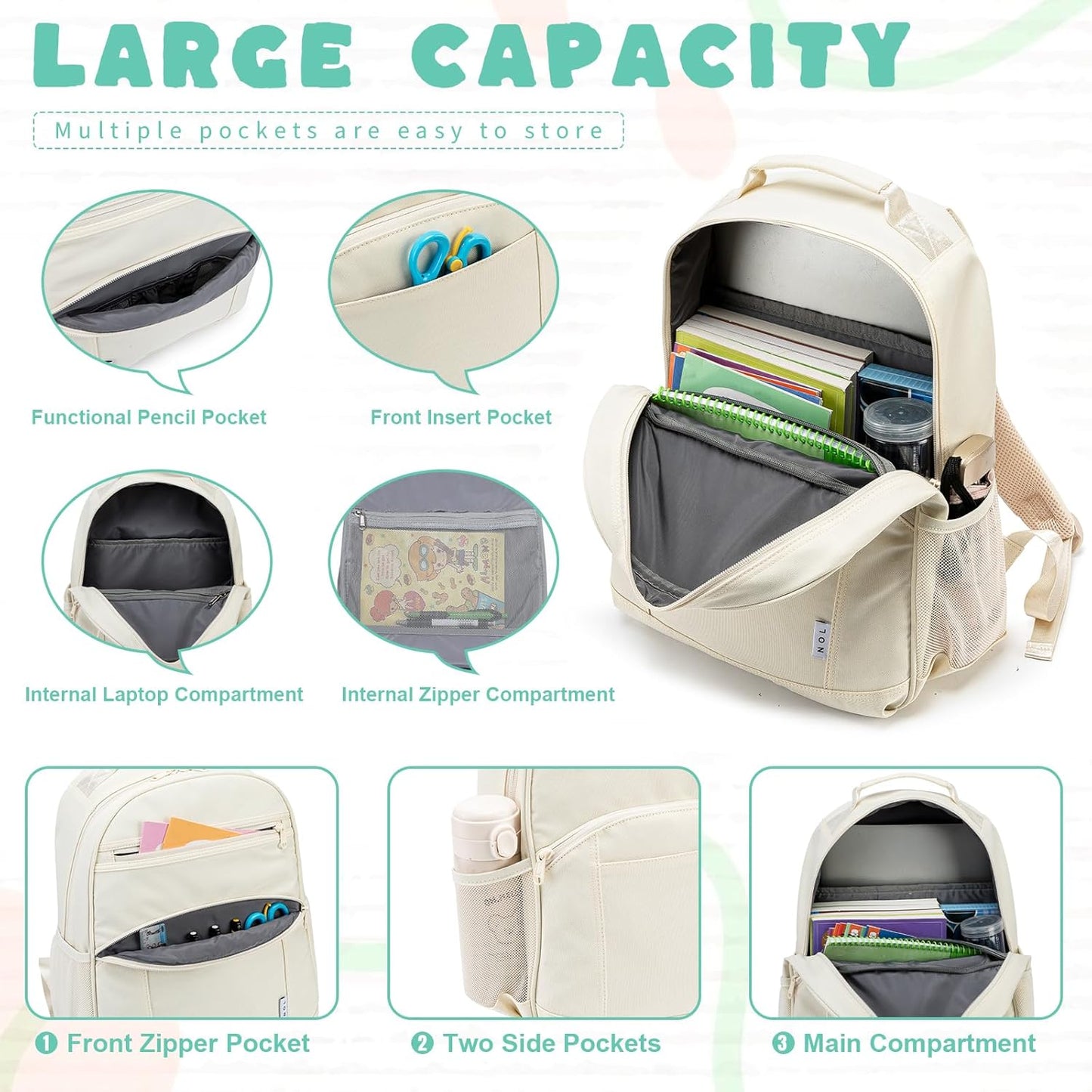 NOL Natural Organic Lifestyle Kids Backpack, School Backpacks for Teens Girls Boys, School Bookbag with Pencil Bag & Reflective Stripe for Elementary School - Cream