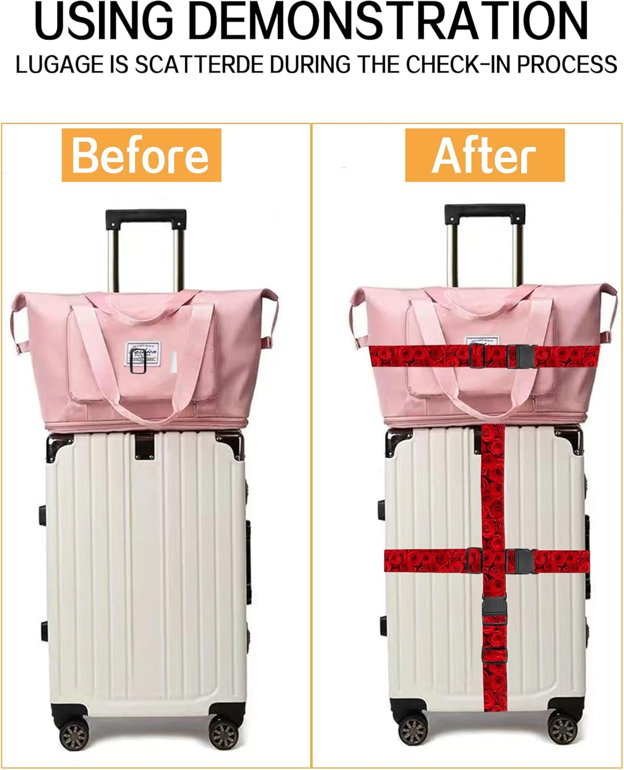 Luggage Straps for Suitcases, Adjustable Travel Belt, Durable Wide Luggage Strap, Cute Suitcase Strap Identifiers with Buckle, Bag Straps for Luggage, Red Beautiful Roses