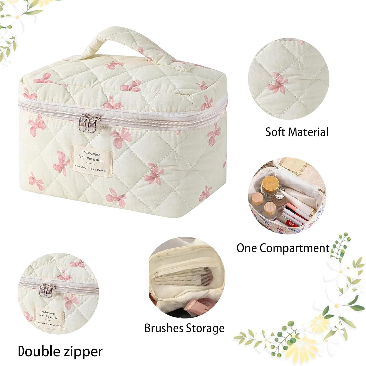 Quilted Makeup Bag, Large Makeup Bag, Cute Cosmetic Bag for Women Girls, Floral Coquette Aesthetic Travel Toiletry Make Up Organizer Bag-White Bow