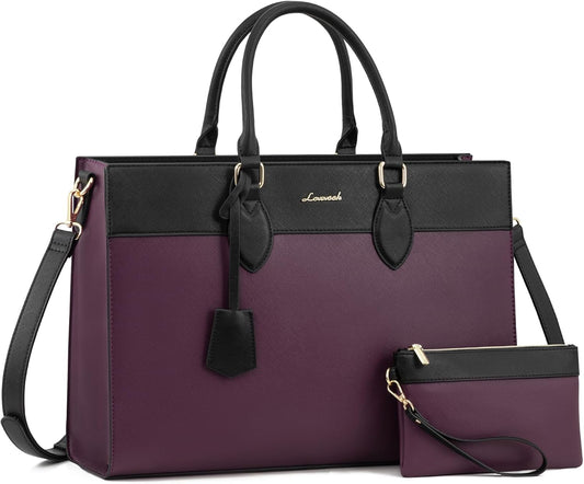 LOVEVOOK Laptop Bag for Women, 17.3 inch Laptop Tote Work Bag Purse, Large Waterproof Leather Computer Briefcase for Office, Purple-Black