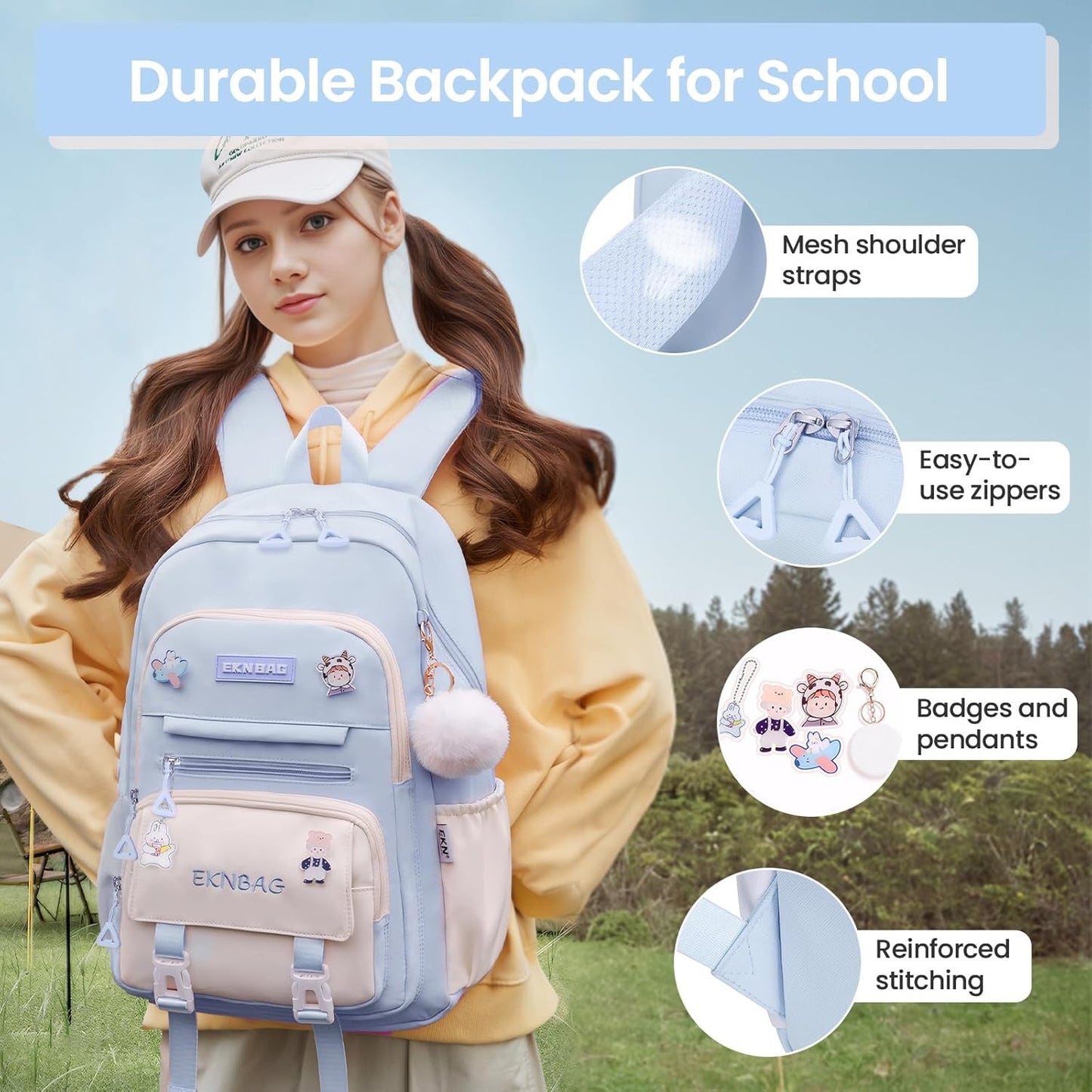 Tanou School Backpacks for Girls, Kawaii Kids School Bag with Pendant, Elementary Primary Middle School Lightweight 20L, Blue