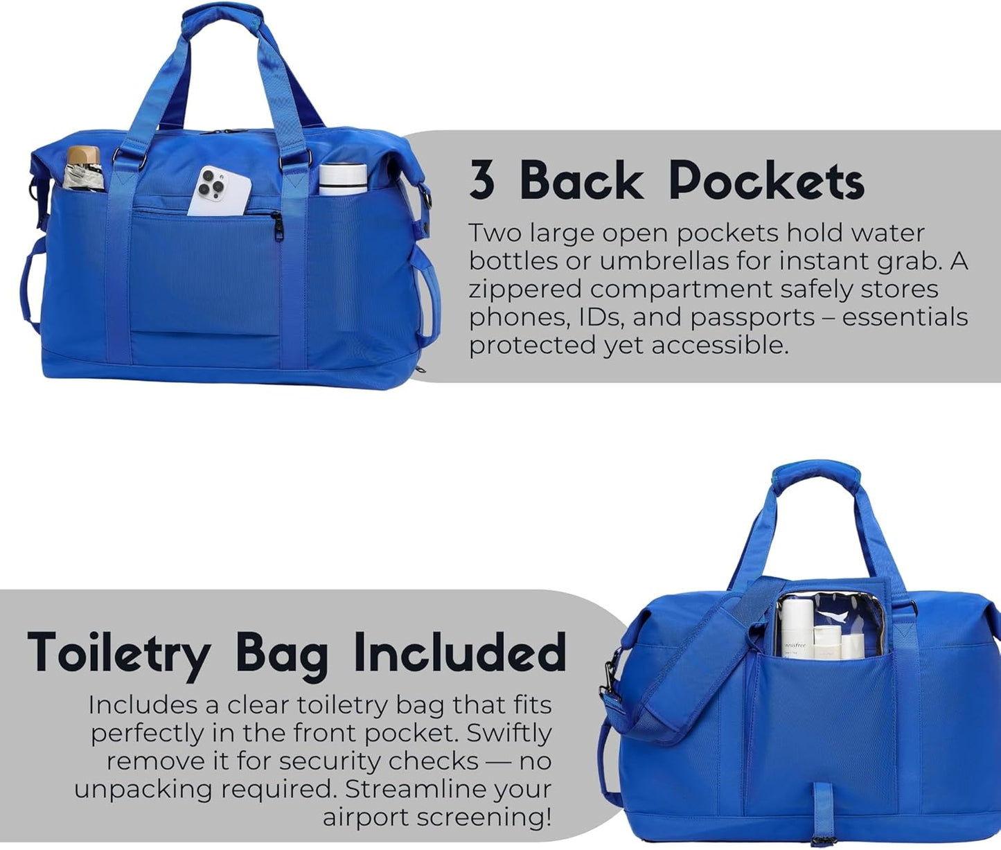 SUNNY BIRD Duffel with Utility Pouch, 40L Weekender Overnight Bag with Shoe Compartment for Travel and Sports (Blue)