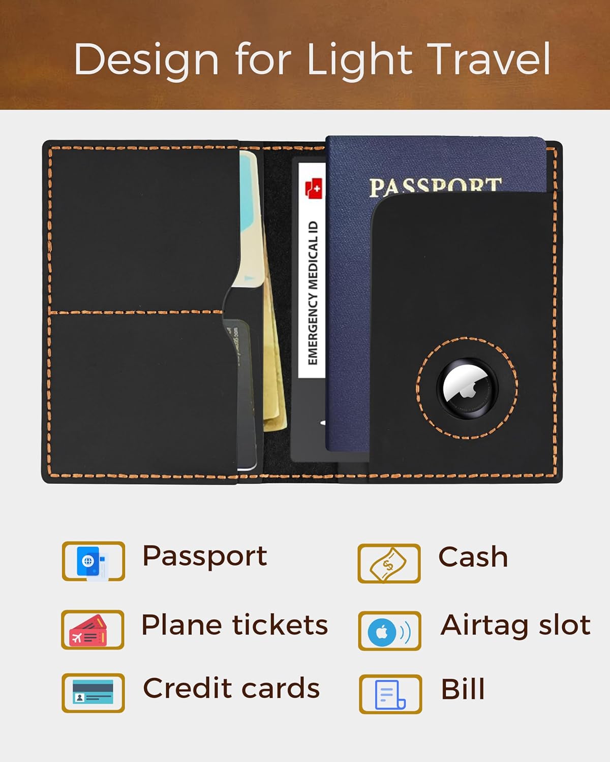 Passport Holder for Travel, Airtag Genuine Leather Passport Holder, Passport Cover Wallet Case for Women Men, Travel Essentials Gift, Black