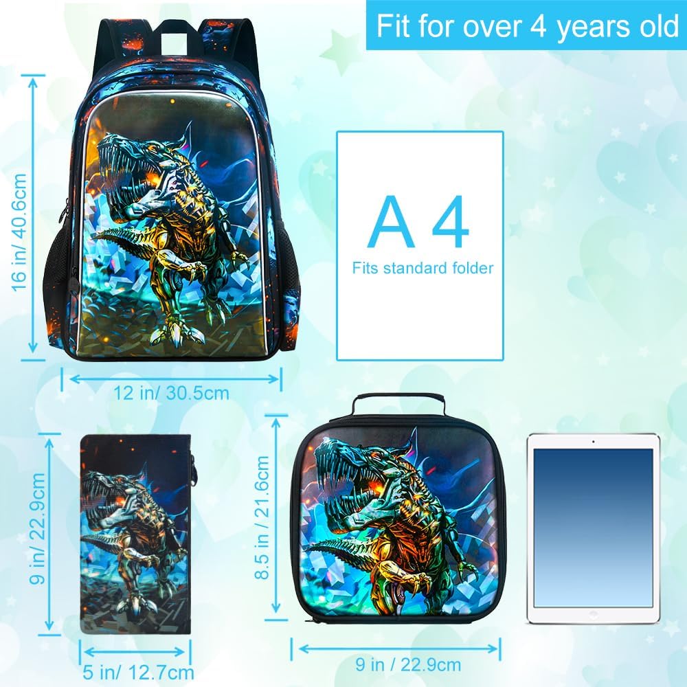 CCJPX 3PCS Kids Backpack for Boys, 16 Inch Dinosaur Water Resistant Preschool Backpacks