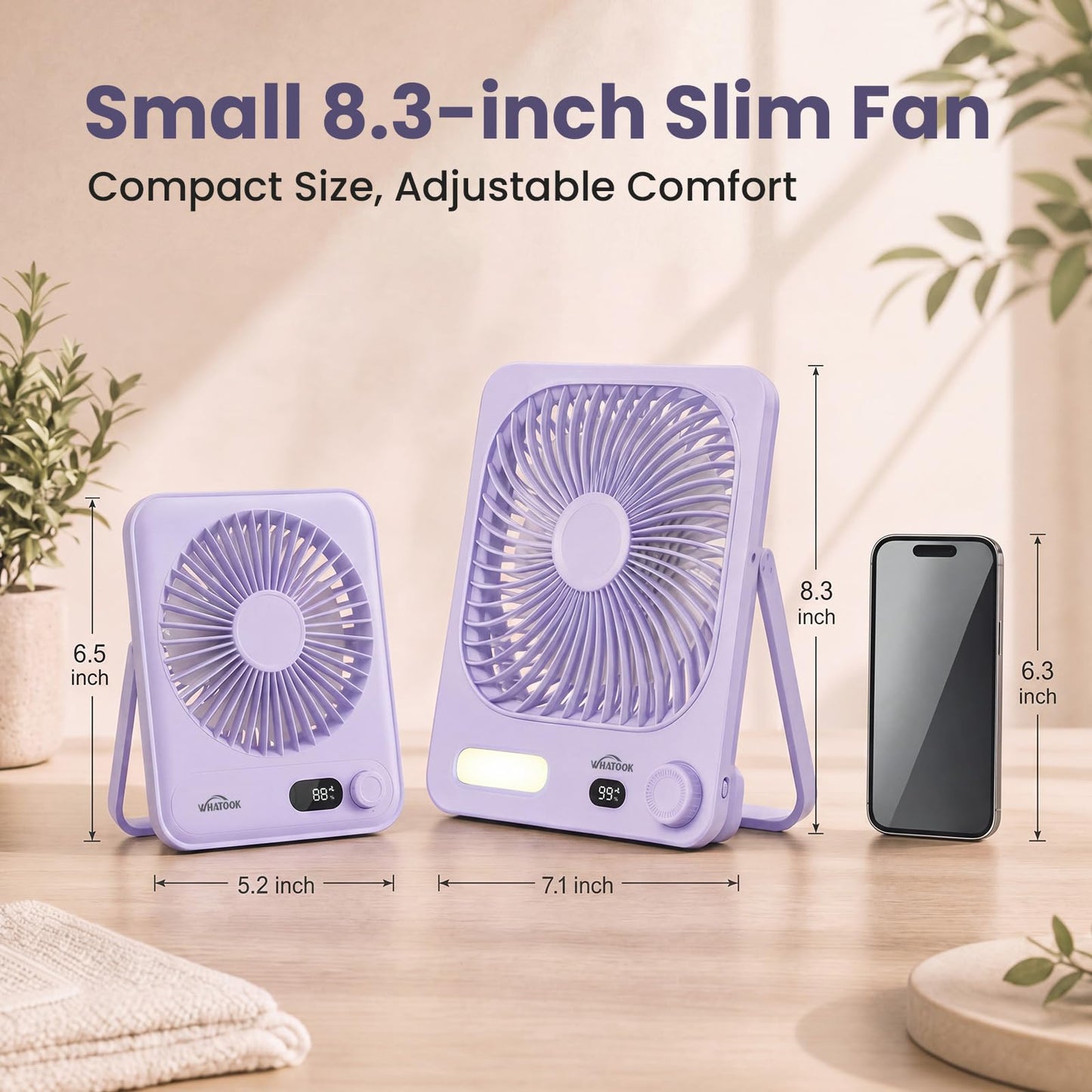 WHATOOK 10000mAh Battery Powered Fan Up to 40H Runtime, Ultra-Slim 8-Inch Portable Travel Fan with