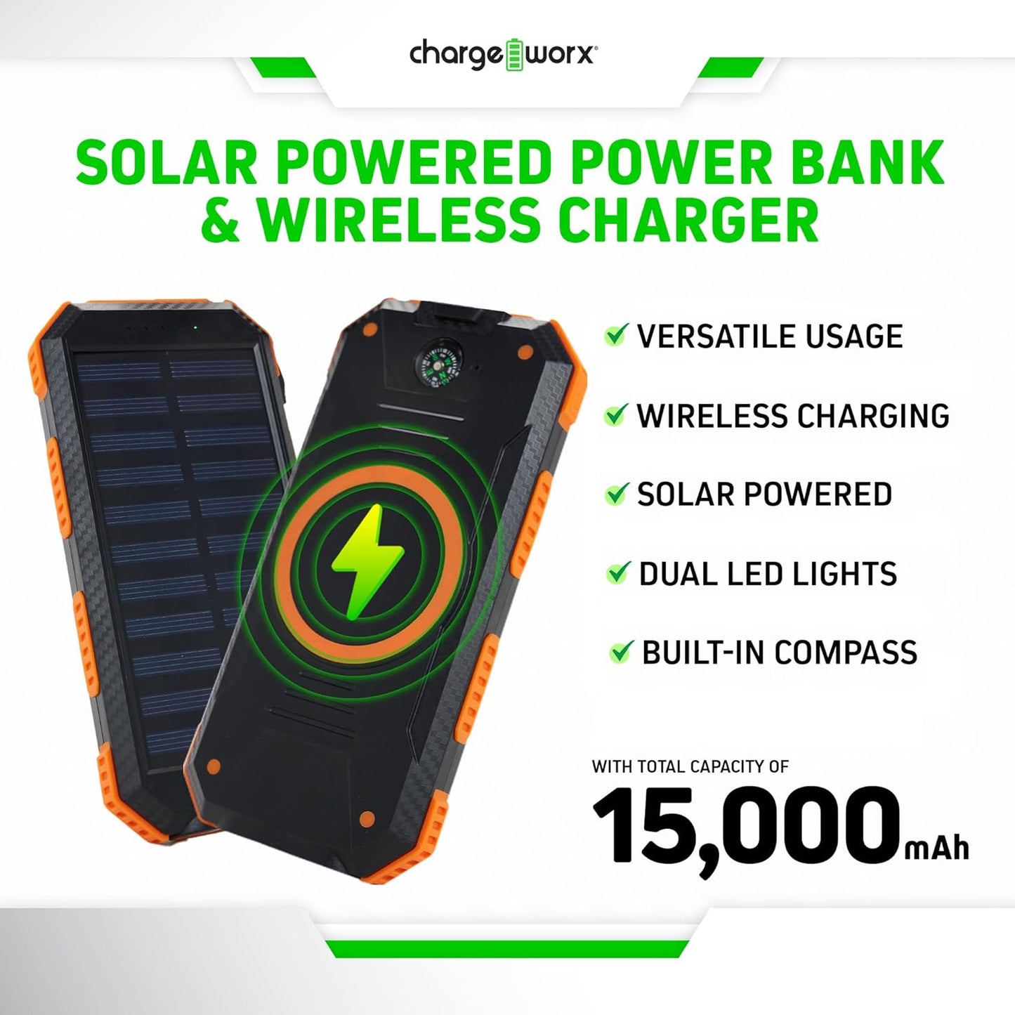 ChargeWorx Solar Power Bank with 2 USB-A Ports Plus USB-C and Micro-USB Charging Ports, 15,000 mAh Capacity, Includes Compass and Dual LED Flashlights, Ideal for Camping, Hiking, and More