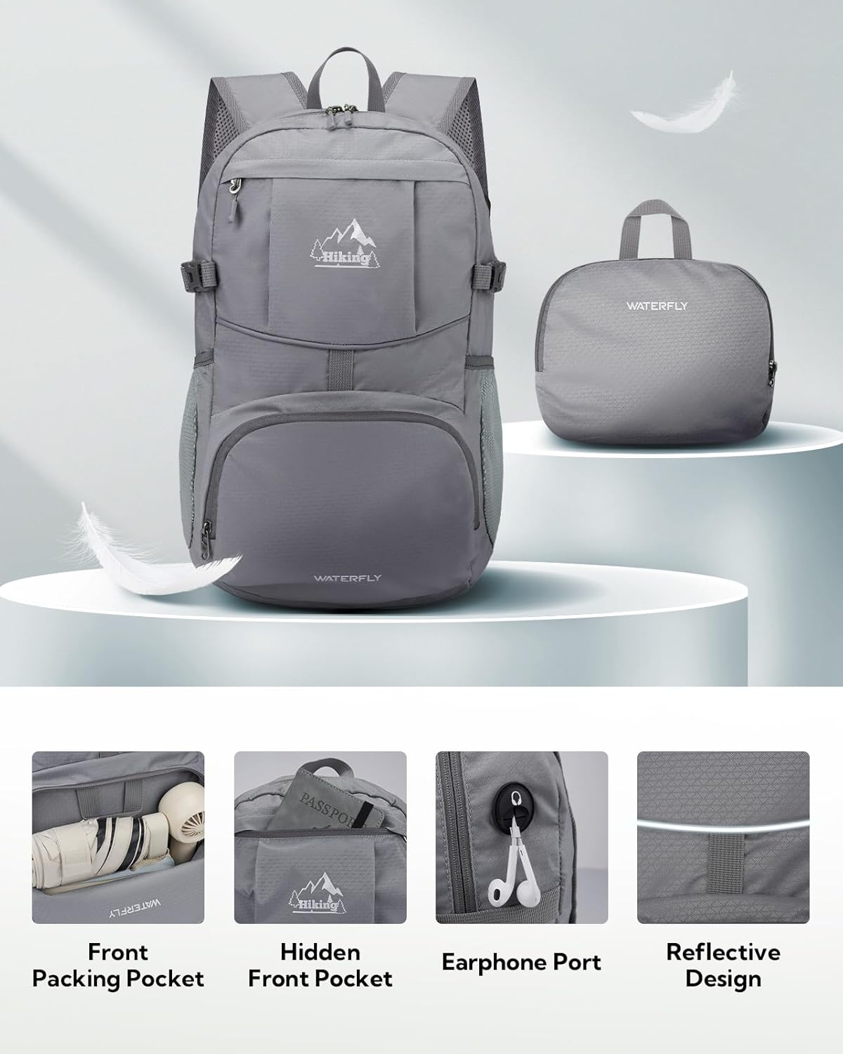 WATERFLY Hiking Packable Daypack Backpack: 25L Ultra Lightweight Day Pack for Woman Man - Small Compact Folding Back Pack for Outdoor Sport Cycling Camping Travel Trip - Gray