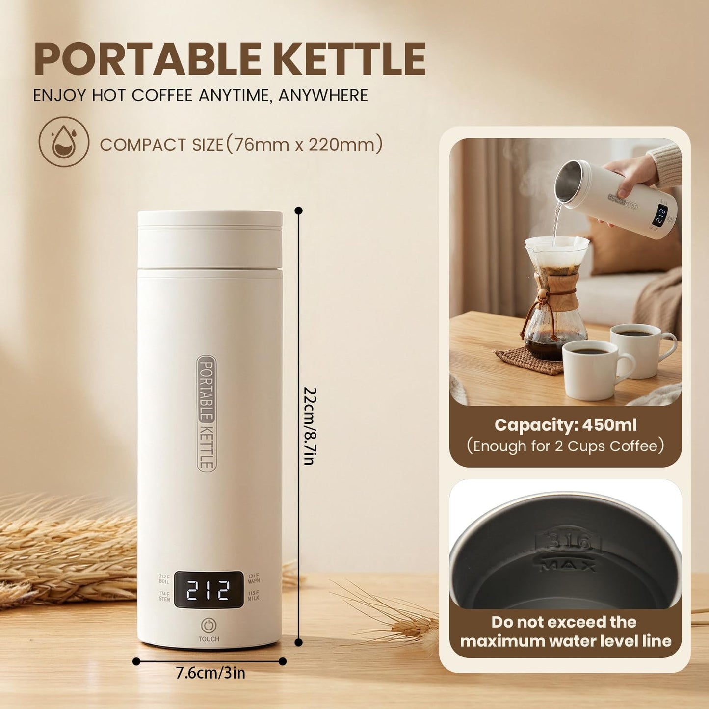 Travel Tea Kettle（120V）, Portable Electric Kettle, 316 Stainless Steel Premium Liner, 4-speed