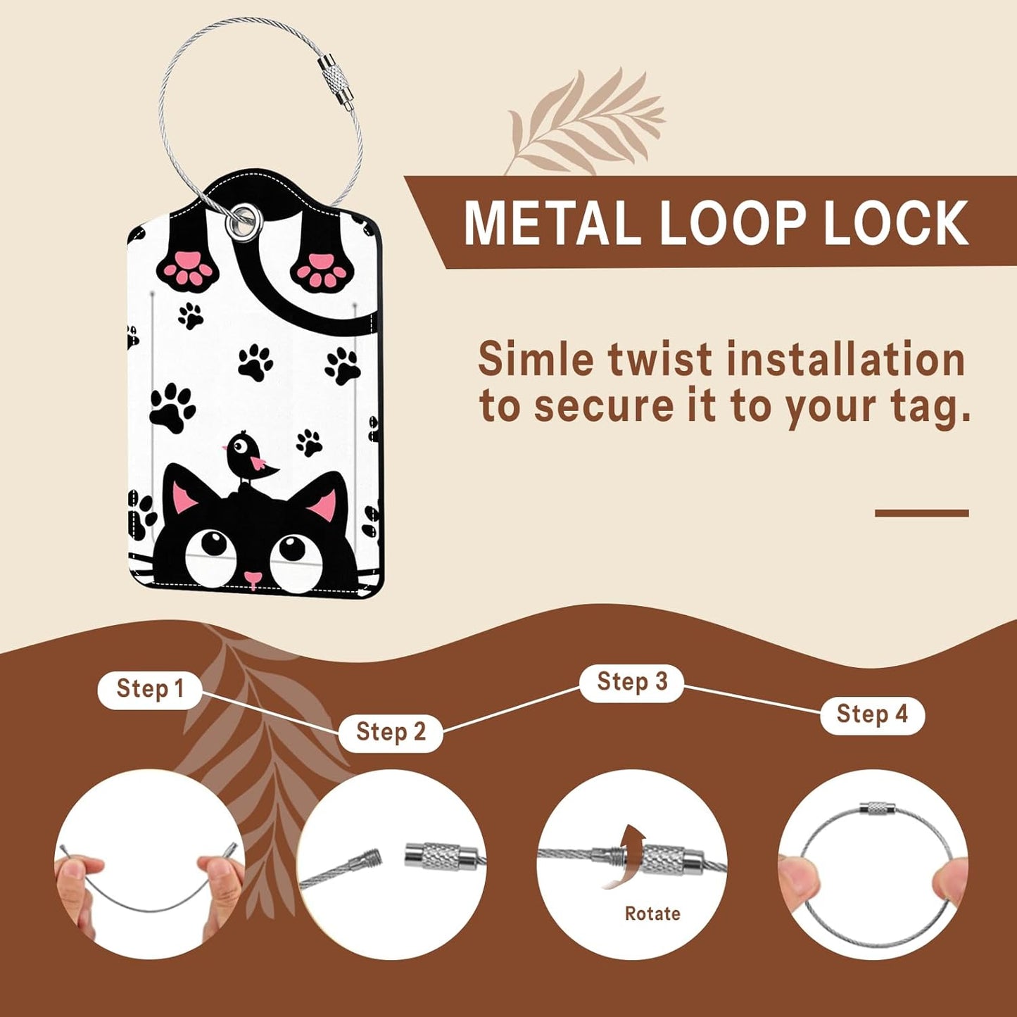 2 Pack Funny Cat Luggage Tags for Suitcase, Leather Luggage Tags Cute, Privacy Cover ID Label with Stainless Steel Loop & Address Card, Cute Cat Travel Bag Tag Luggage Accessories for Suitcases