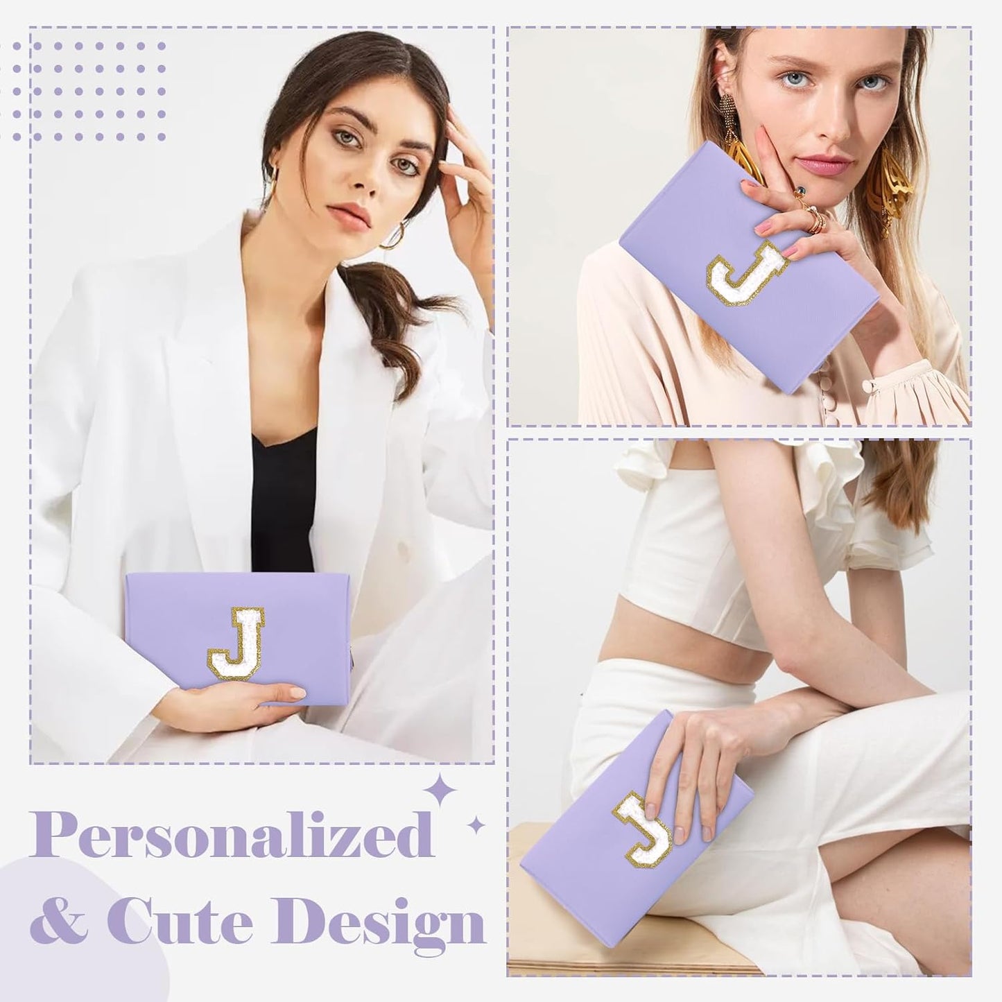 Personalized Makeup Bag Initial A-Z Preppy Patch Bag,Small PU Leather Travel Cosmetic Bag Pouch with Zipper,Purple Cute Toiletry Bag,Gift Ideal for Teen Girls Women Birthday Friend Mom,Latter J