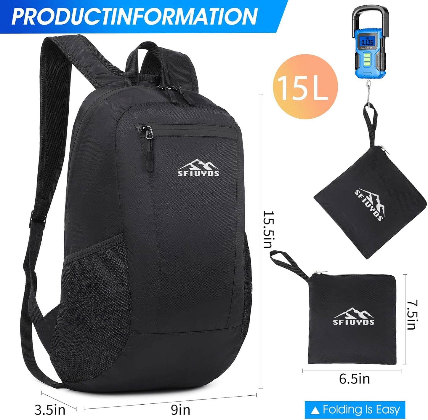 Lightweight Hiking Backpack Small,Waterproof Hiking Daypack,Foldable Backpack for Travel,Ultralight Daypack(Nylon, Black)