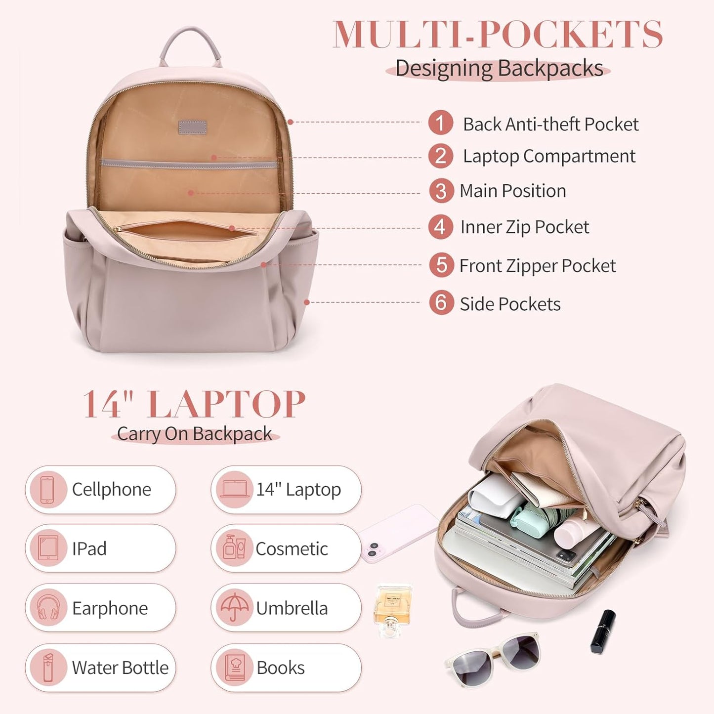 GOLF SUPAGS Stylish Laptop Backpack for Women Computer Bag Fits 14 Inch Notebook Travel College Work Backpacks Purse (Pink)