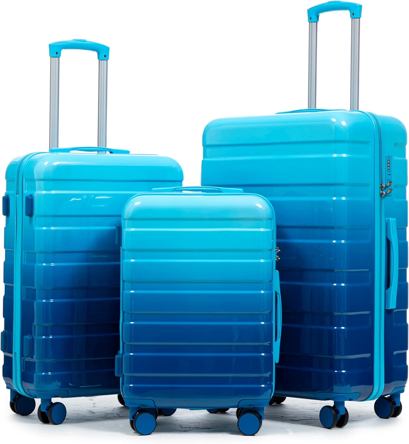 Campfun 3 Piece Luggage Sets, PC Gradient Color Suitcase Set with Double Spinner Wheels Hang Hook, Durable Carry On Luggage with Combination Lock, 20/24/28 inch, Light Blue+Navy