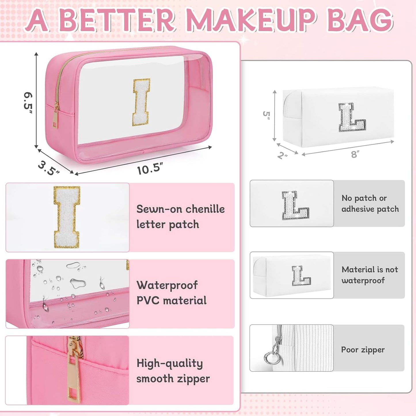 Personalized Initial Clear Makeup Bag, Travel Chenille Patch Cosmetic Bag, Preppy Toiletry Bag Monogram Cosmetic Pouch with Zipper, Ideal Gift for Teen Girls Women (Pink, I)