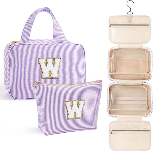 YOOLIFE Hanging Toiletry Bag for Women - Travel Toiletry Bag Makeup Bag, Portable Toiletries Cosmetic Bag, Airplane Travel Essentials - Letter W, Purple