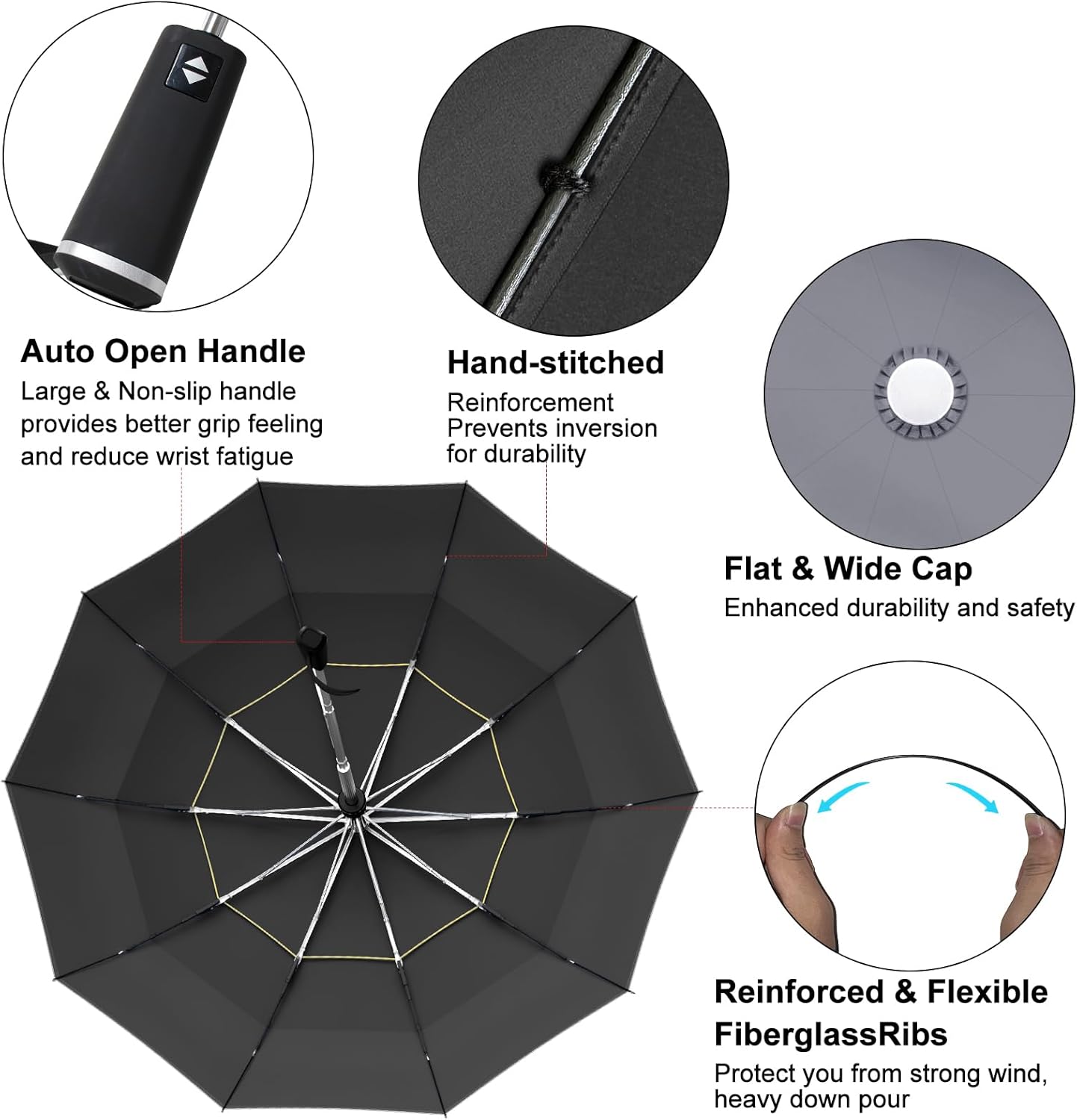 Satol Extra Large Golf Umbrella, 46/54/62 Inch Windproof 10 Ribs Vented Double Canopy Reflective Strips Automatic Open/Close Waterproof UV Protection Portable Compact Umbrella for Outdoor & Travel
