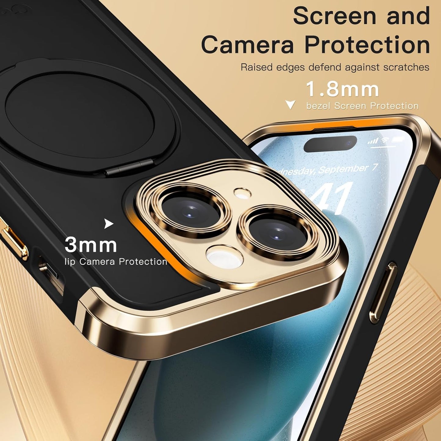 COOLQO for iPhone 13 Case 6.1'' Upgraded 360° Spin Magnetic Stand [Compatible with Magsafe][Military Protection] Plating Matte Scratch-Resistant Back Protective Shockproof Phone Case, Black Gold