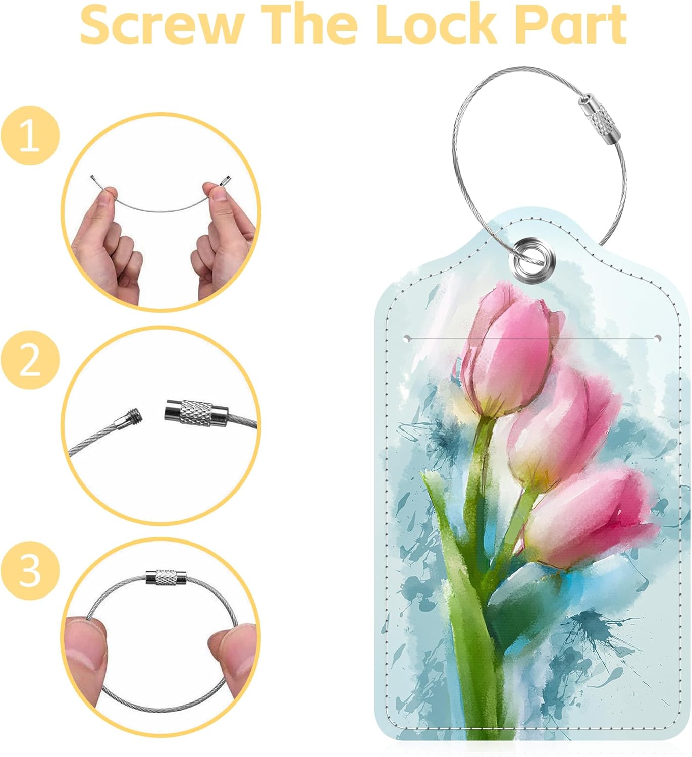 Set of 2 Luggage Tags Watercolor Tulips Flowers Leather Suitcases Tag with Privacy Cover Stainless Steel Loop and Address Card for Women Men Travel