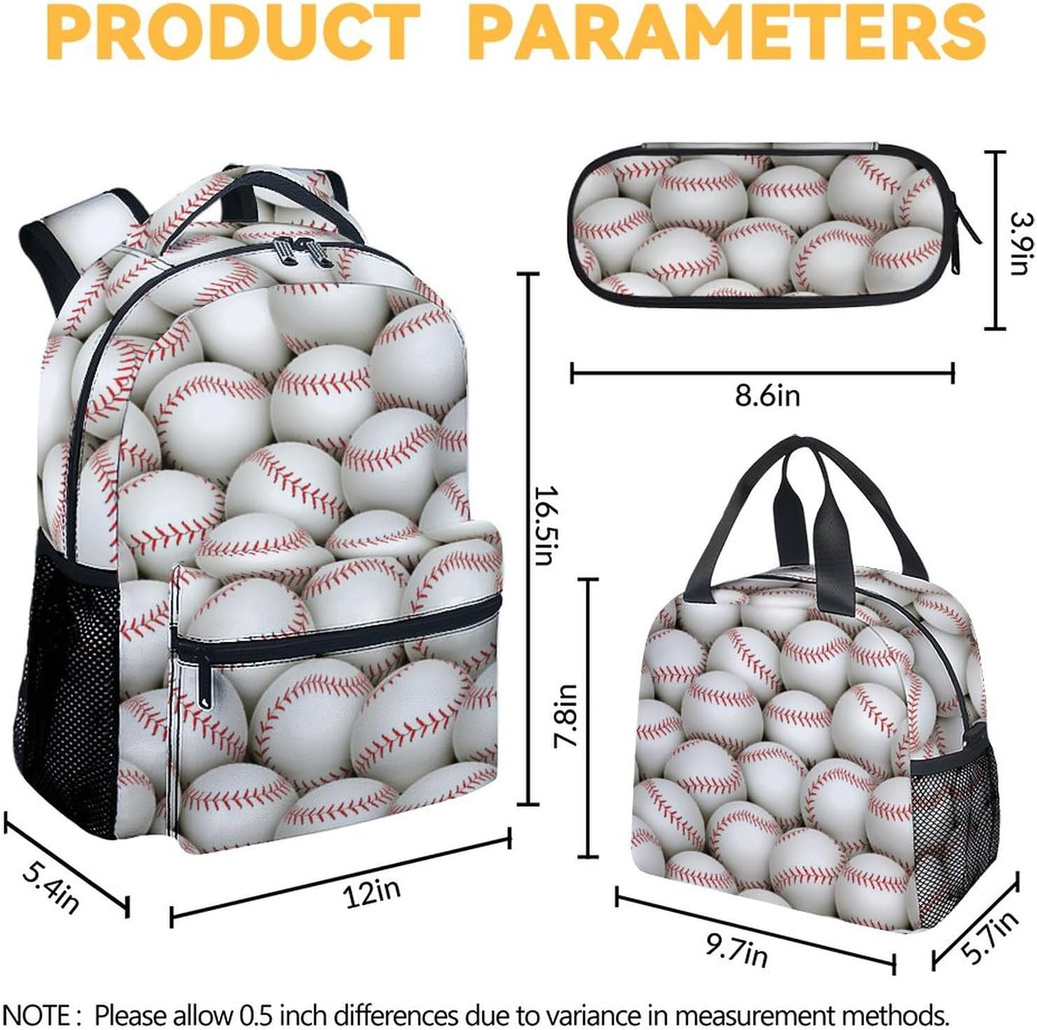 Baseball Backpack with Lunch Box Set for Boys, 3 in 1 School Backpacks Matching Combo, Sports White
