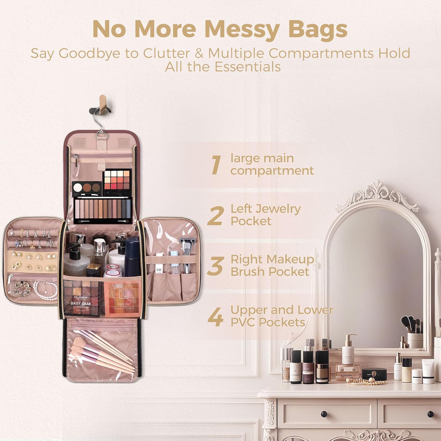 Hanging Toiletry Bag & Makeup Bag for Women with Jewelry Organizer - TSA Approved Large Capacity