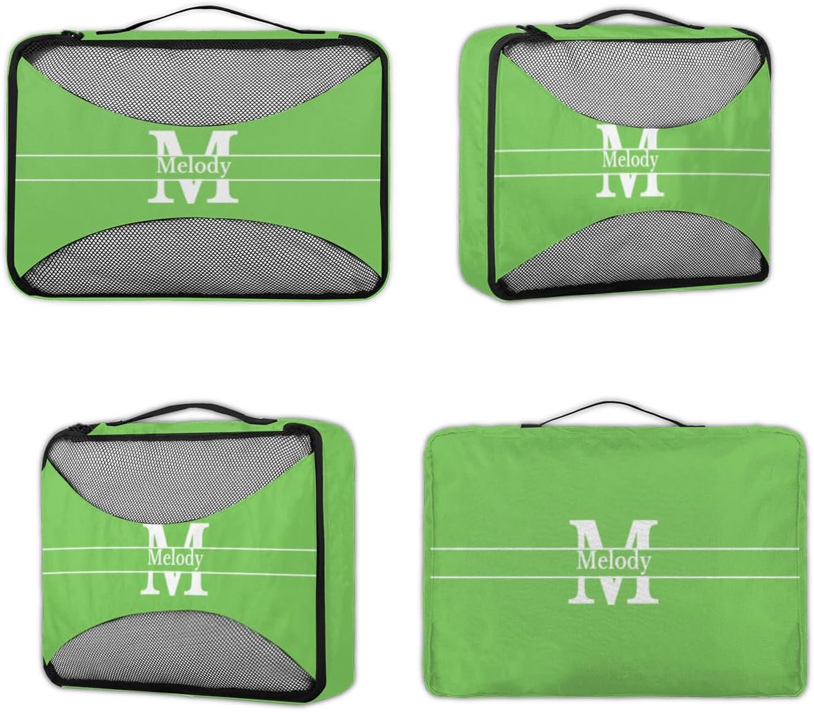 Personalized Packing Cubes, Set of 4 with Zipper Handles for Women Boys, Custom Name Travel Suitcases Luggage Packing Organizers, Lime Green Background with Initial