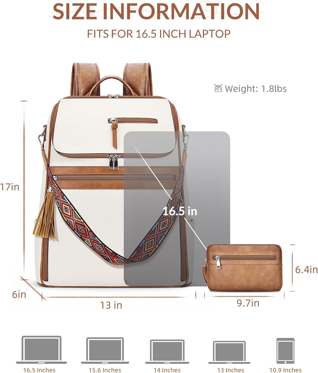 Leather Laptop Backpack for Women Designer Laptop Bag, 16.5 inch Travel Computer Backpacks Purse with Tassel for Work Business with Satchel Purse Beige Brown