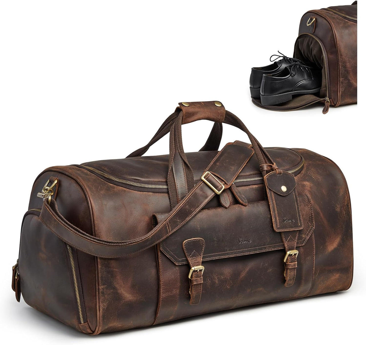 S-ZONE Genuine Leather Travel Duffle Bags for Men Women Carry On Garment Weekender Bags(Dark Brown)