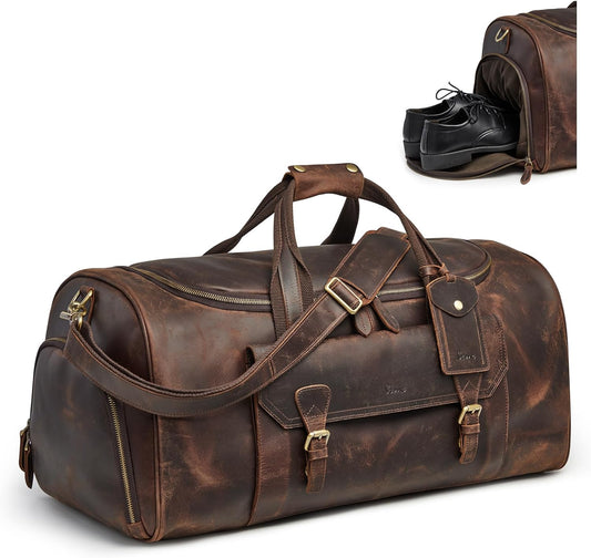 S-ZONE Genuine Leather Travel Duffle Bags for Men Women Carry On Garment Weekender Bags(Dark Brown)