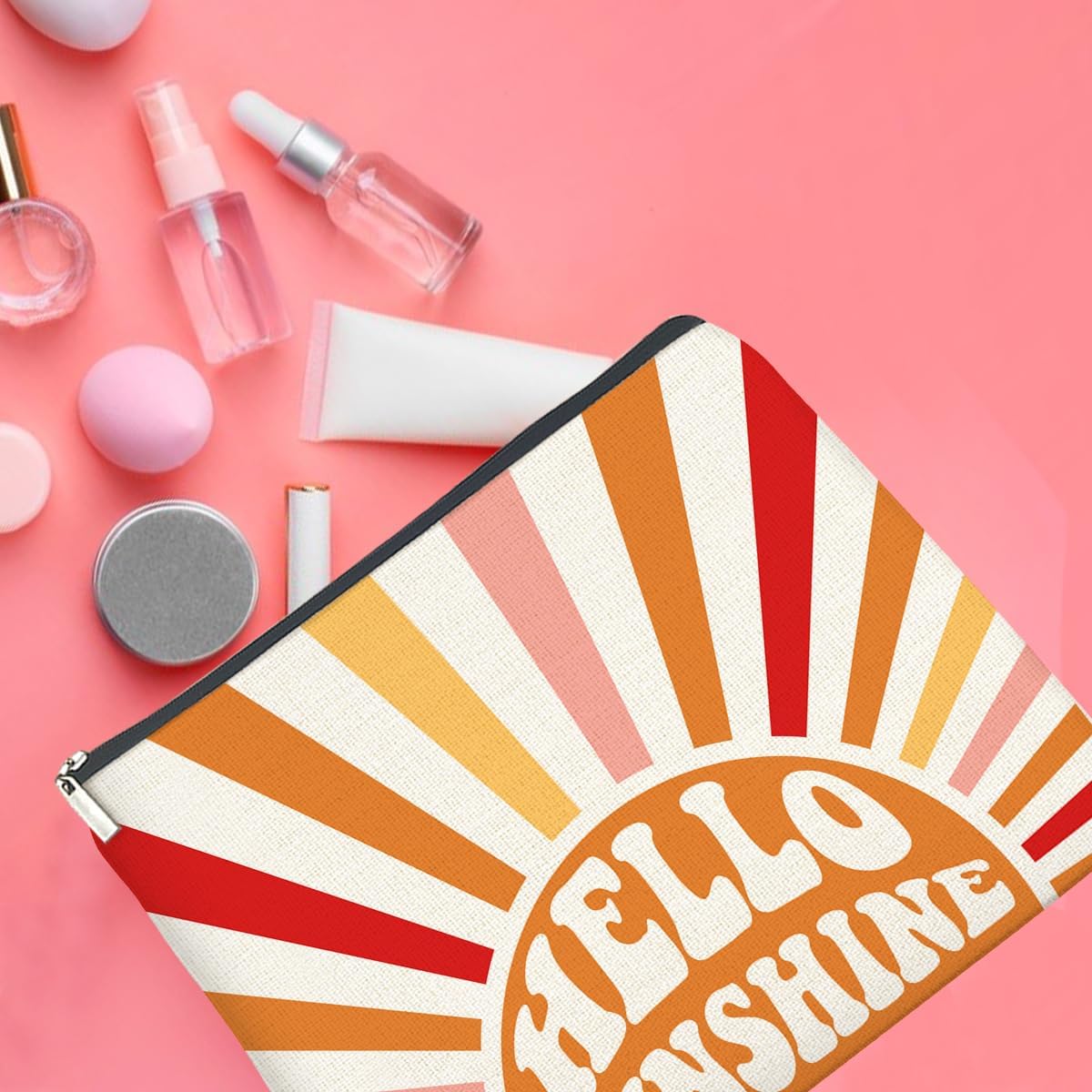 Inspirational Gifts Hello Sunshine Makeup Bag, Positve Gifts for Women, Boho Sunrise Sunshine Zipper Makeup Pouch
