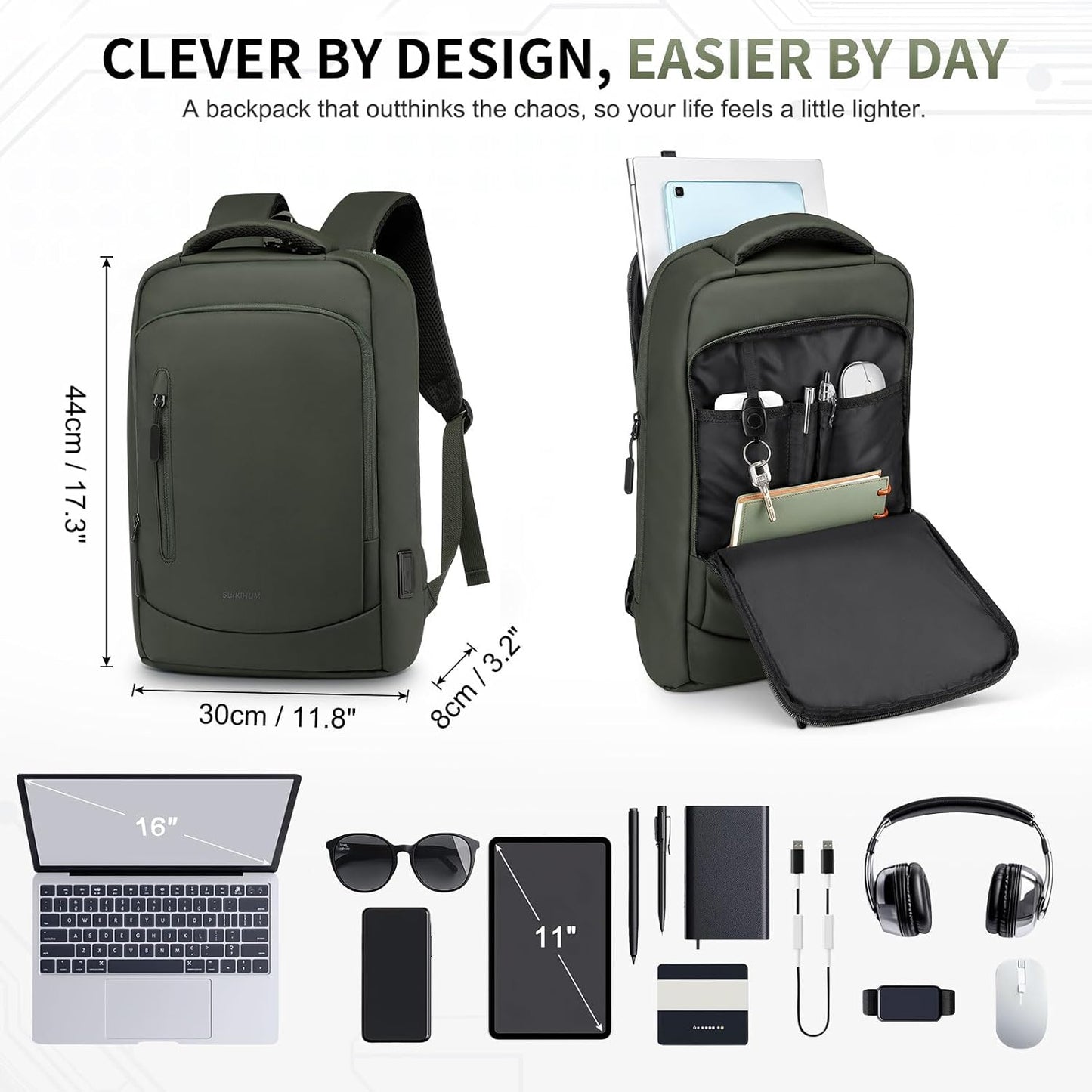 Shockproof Slim Laptop Backpack for Man, Fits 15.6" Laptops, Water Resistant Business Bag with USB A/C Port & Anti-Theft Pocket, Green