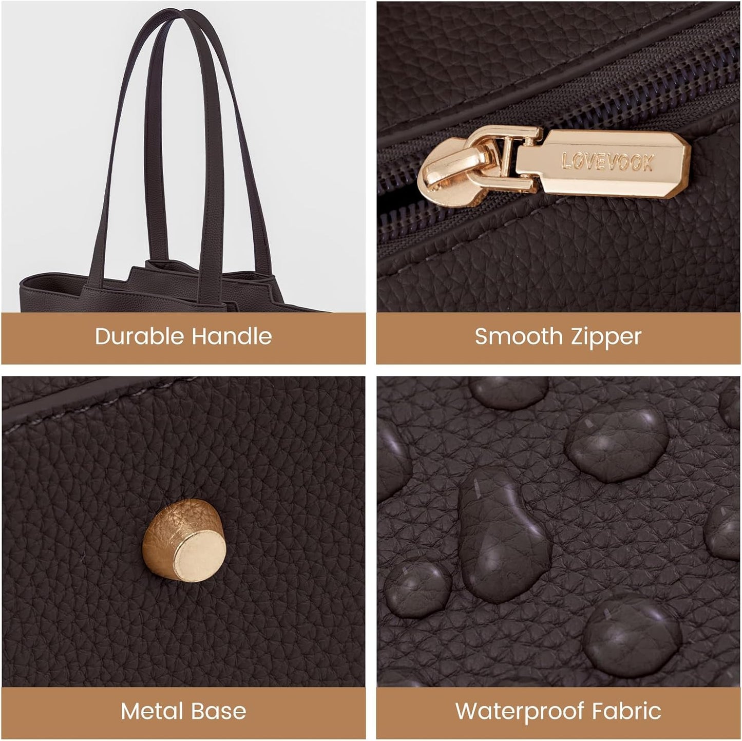 LOVEVOOK Laptop Tote Bag for Women - 15.6 Inch Faux Leather Work Tote Bag For women with Clutch, Large Capacity Office Purse for Casual Business Travel, Coffee