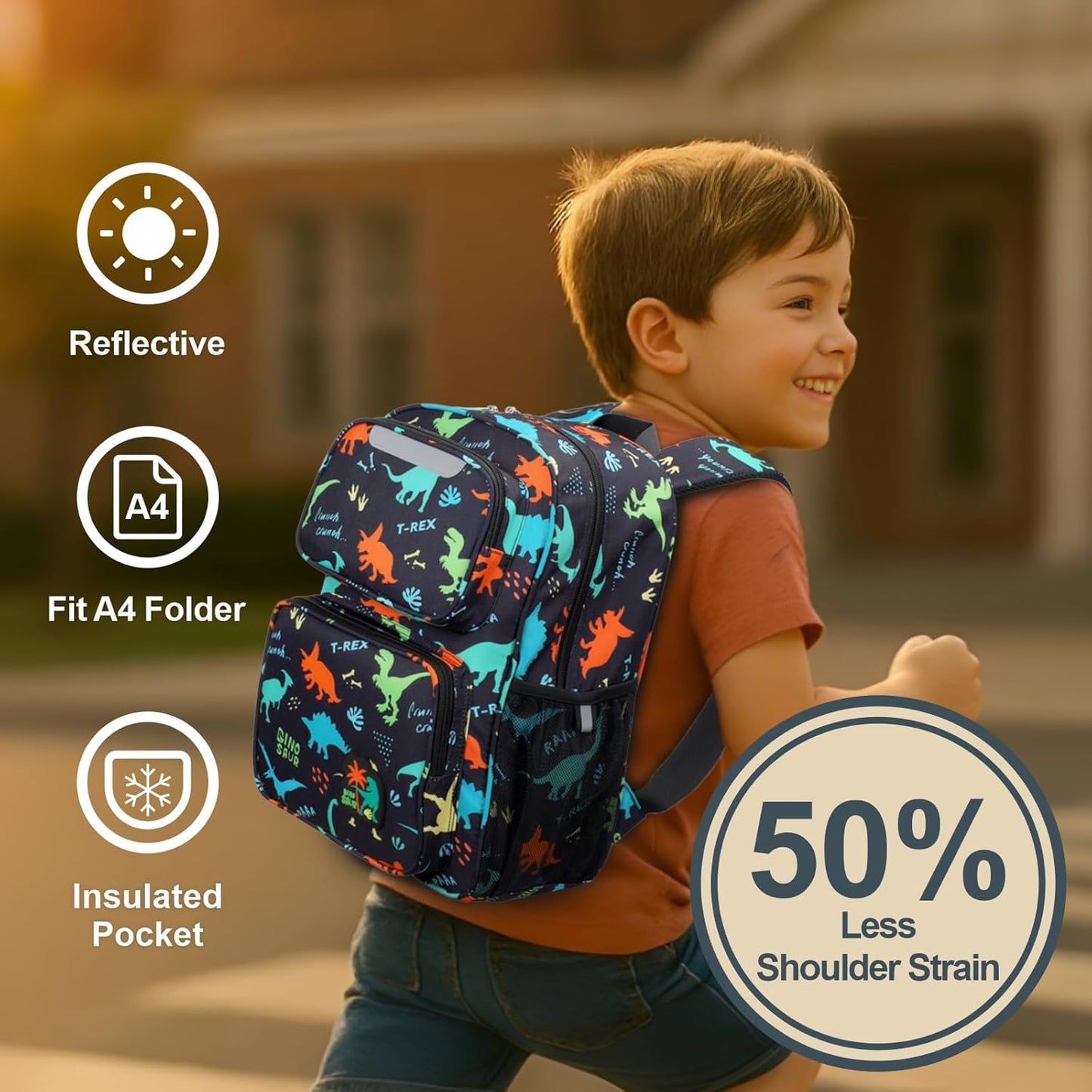 Kids Backpack for Boys - 15 Inch Dinosaur Backpack for Kids Ages 3 to 8, School Bookbag for