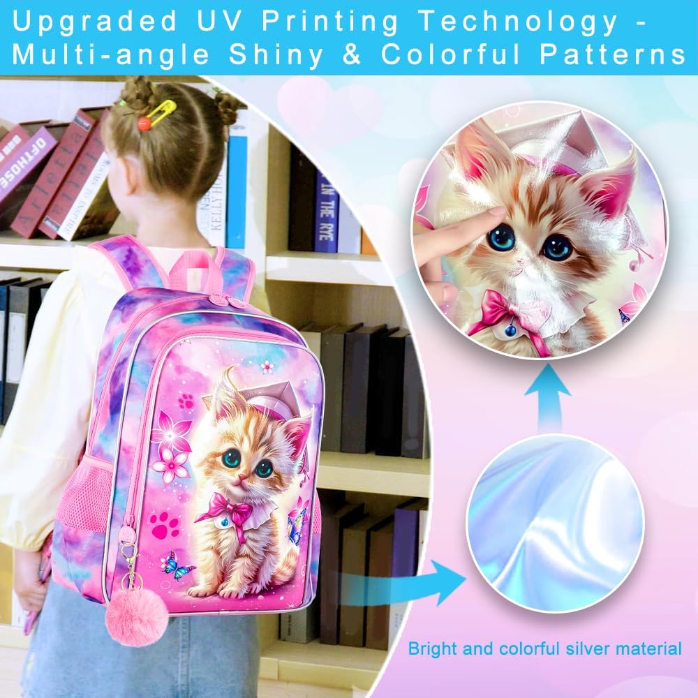 3PCS Girls Cat Bookbag, 16" Kids Backpackwith Lunch Box, Water Resistant School Bag for Elementary Preschool Toddler
