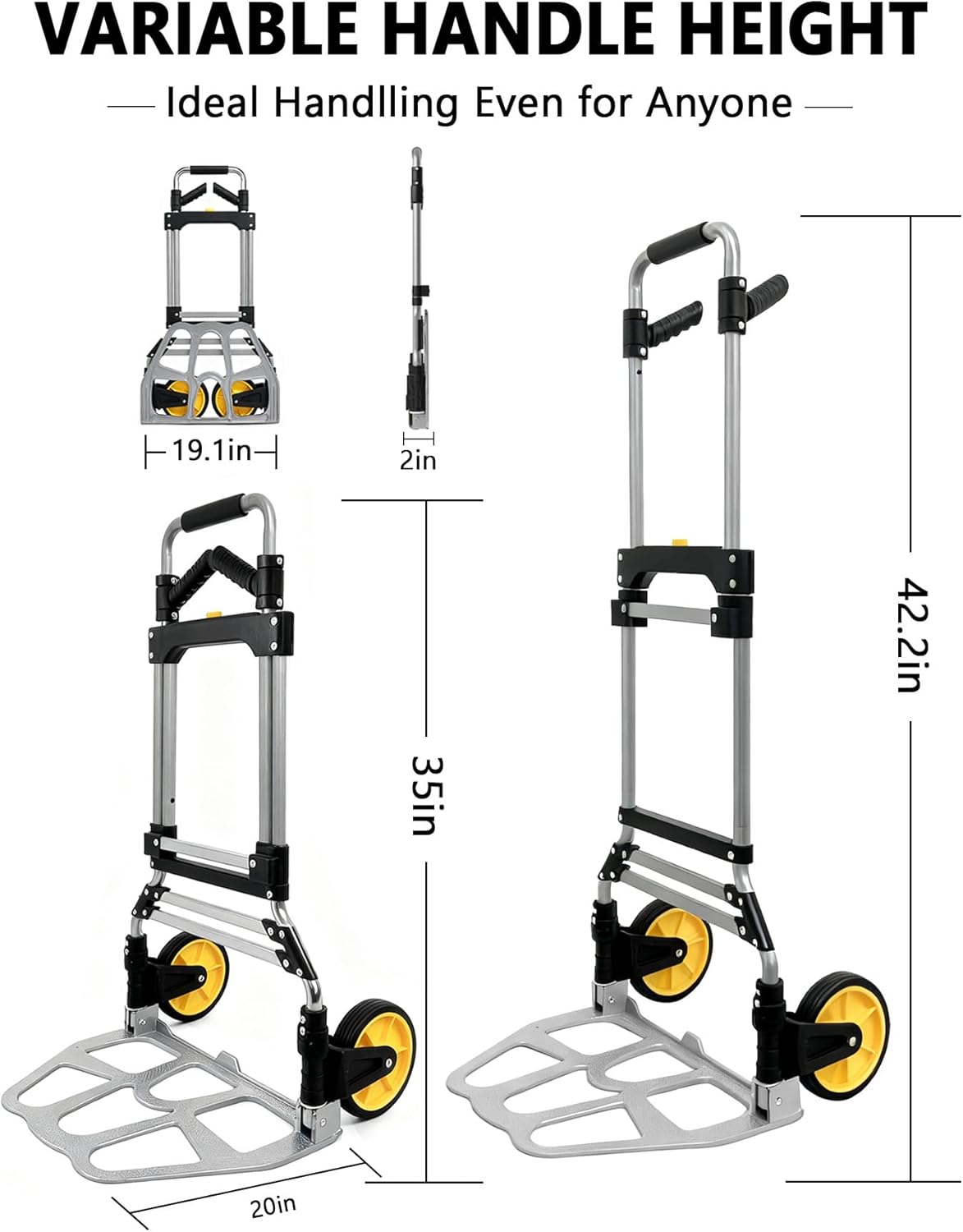 Folding Hand Truck Dolly Cart with Wheels 330 LBS Capacity Lightweight Aluminum Luggage Cart Trolly Collapsible Hand Trucks for Moving Travel Shopping Office and Home Use
