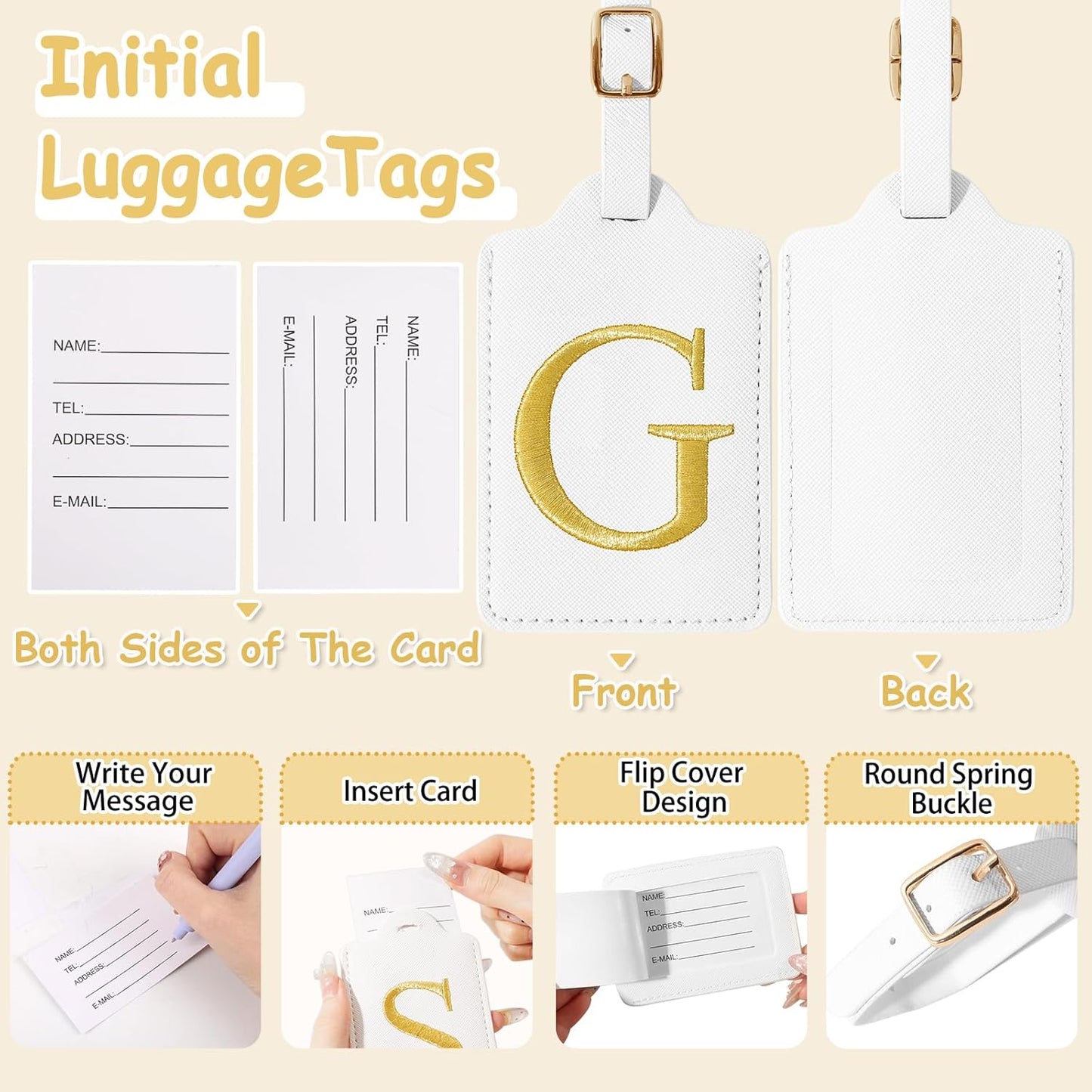 Initial Luggage Tags for Suitcases, Cute Embroidered Letter Luggage Bag Suitcase Identifier Name Baggage Tag, PU Leather Travel Luggage Tags, Bag Tags for Men Women Kids Luggage Handbags(White G)
