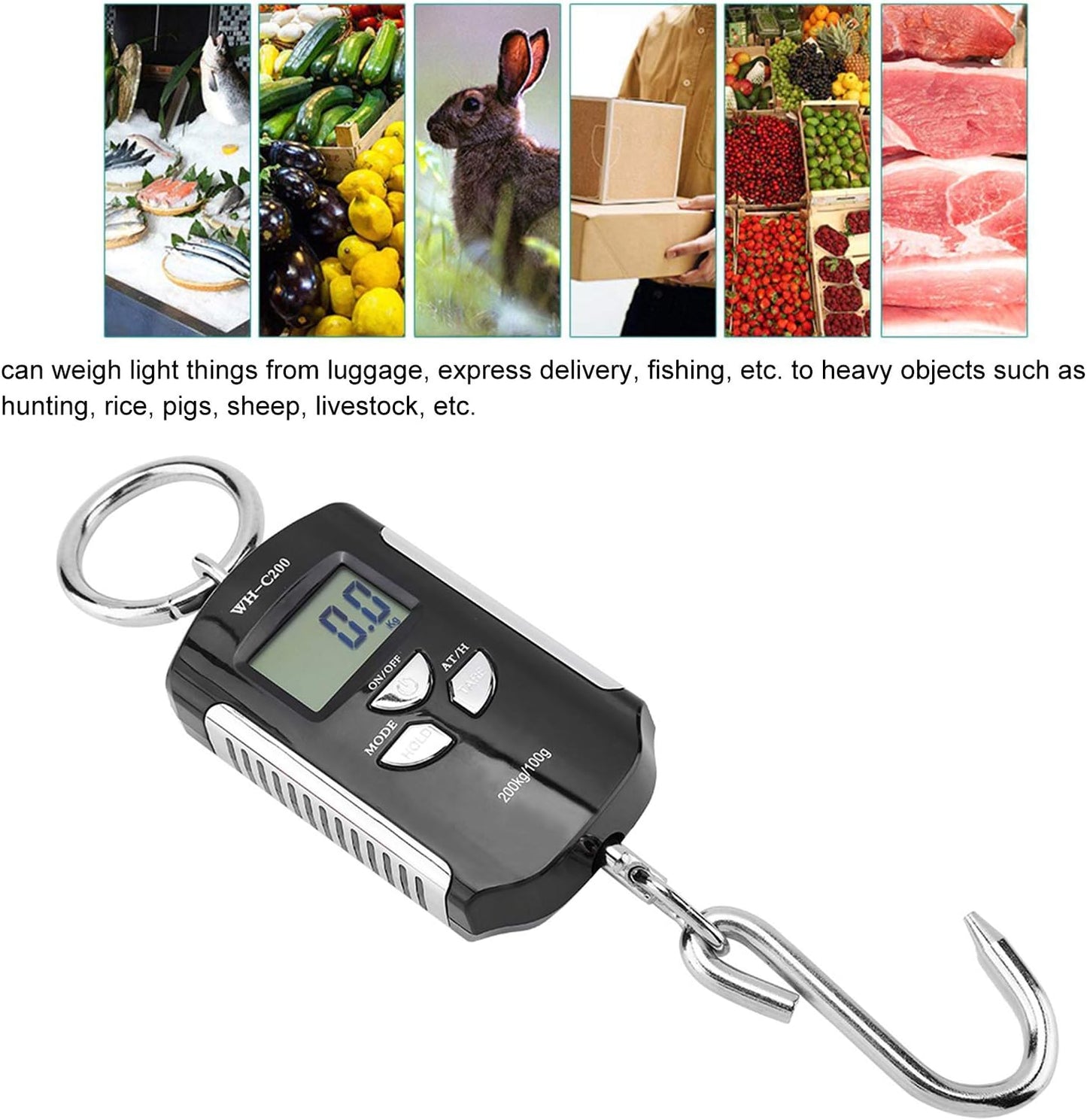 Digital Fish Scale, 200kg Digital Hanging Scale with Hook Backlit LCD Display Travel Accessories for Portable Hanging Baggage (Silver Frame)