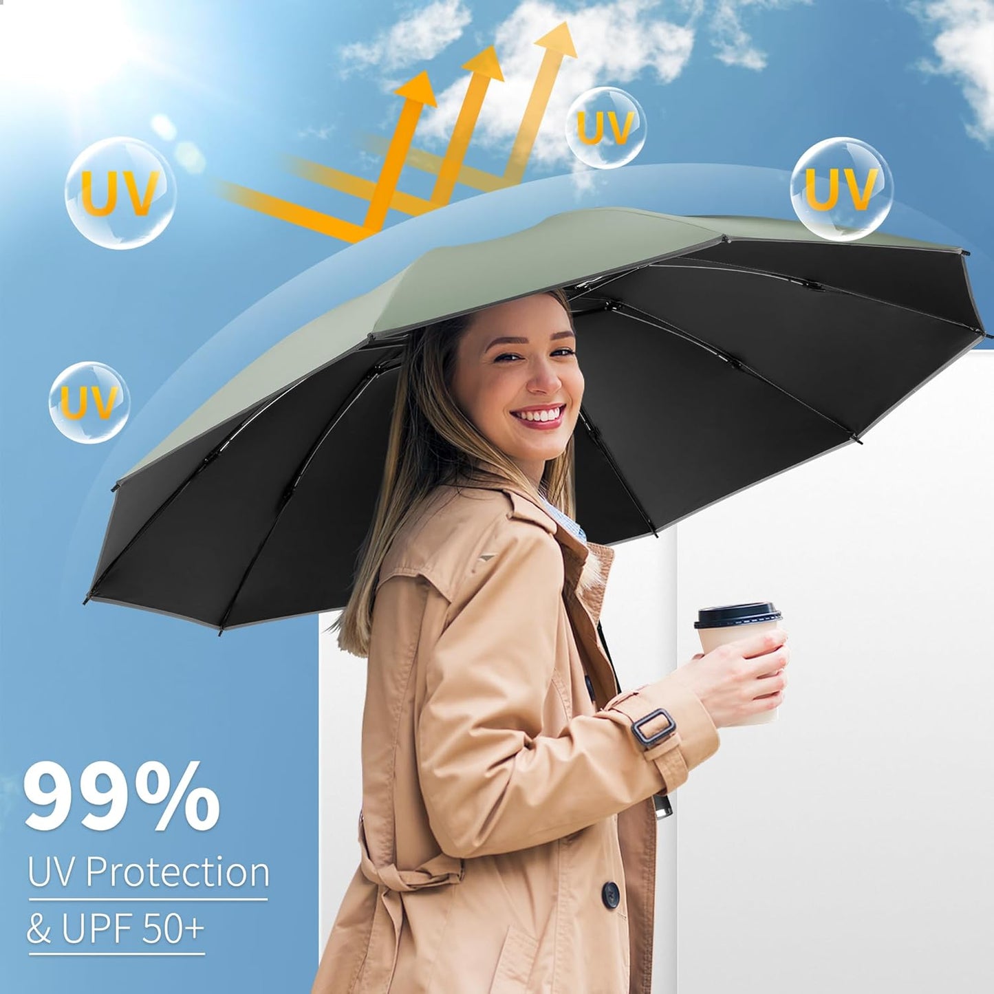 Seniny Travel Umbrella with Carabiner Handle, Windproof Large Umbrellas for Rain with Dual-Rib Structure, Portable Compact Umbrella with Reflective Strip, Car Backpack UV Umbrellas for Sun Protection