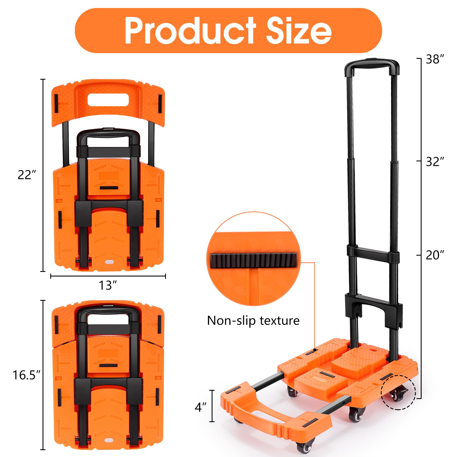 Voipvvii Folding Hand Truck500lbs, Portable Heavy Duty Dolly Cart, 6 Wheels Collapsible Luggage