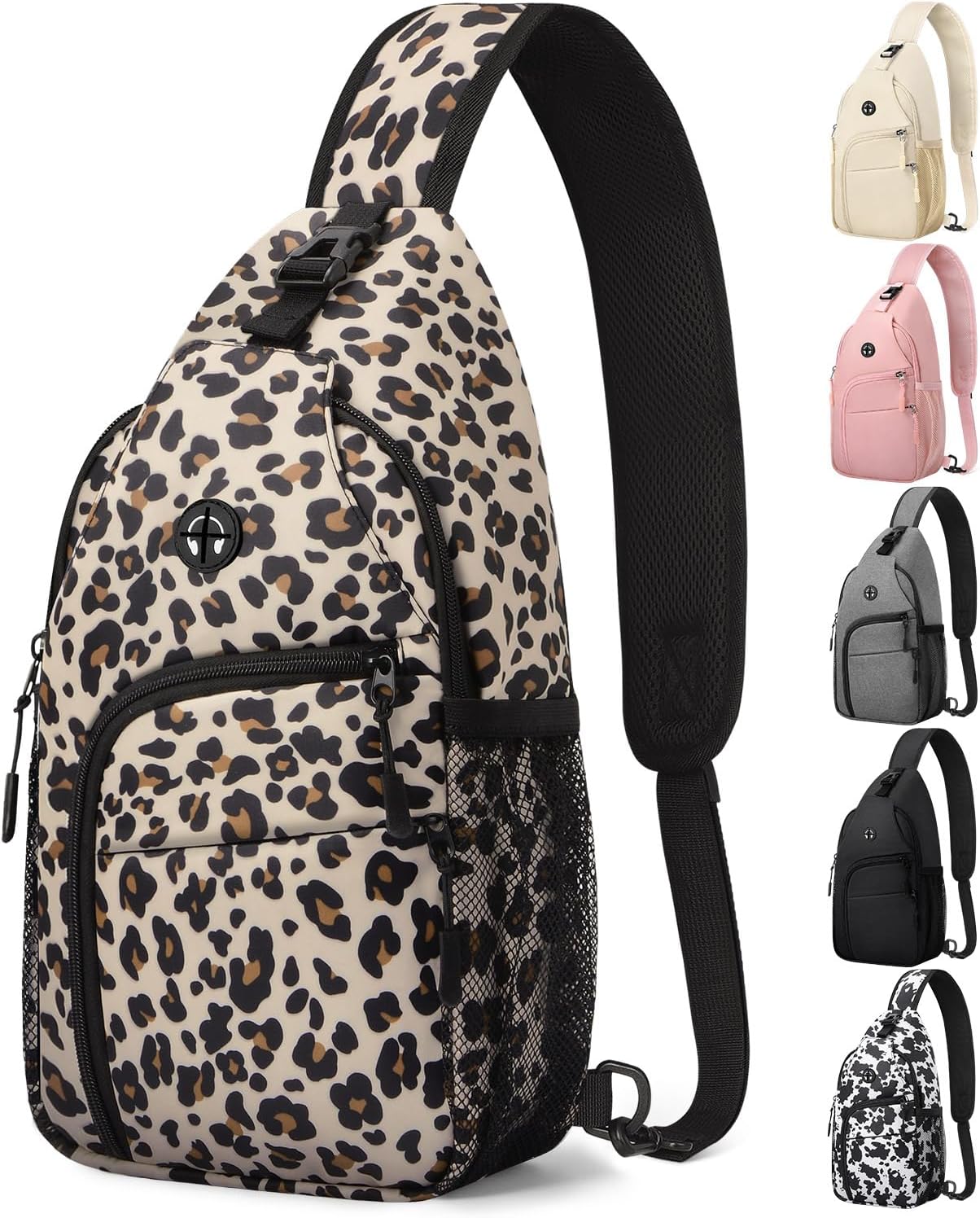 Large Leopard Waterproof Sling Bag Backpack with Adjustable Shoulder Strap for Women Men, Hiking Daypack with Multi-Pocket System and Comfortable Mesh Back Panel