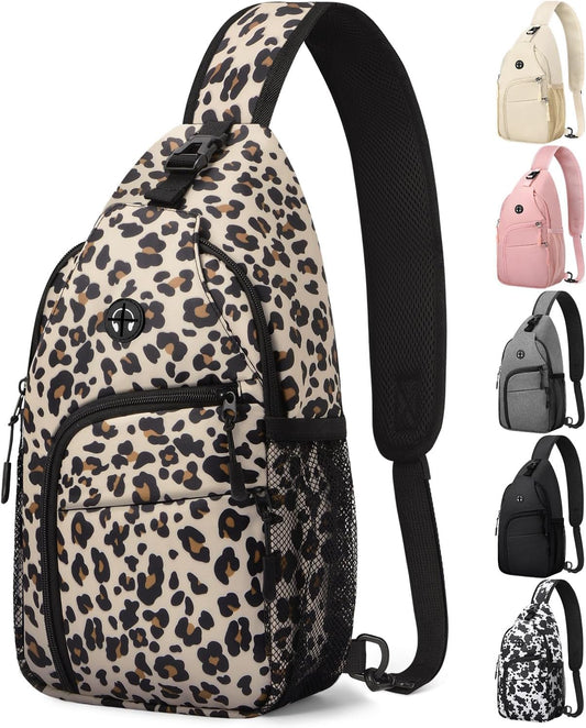 Large Leopard Waterproof Sling Bag Backpack with Adjustable Shoulder Strap for Women Men, Hiking Daypack with Multi-Pocket System and Comfortable Mesh Back Panel