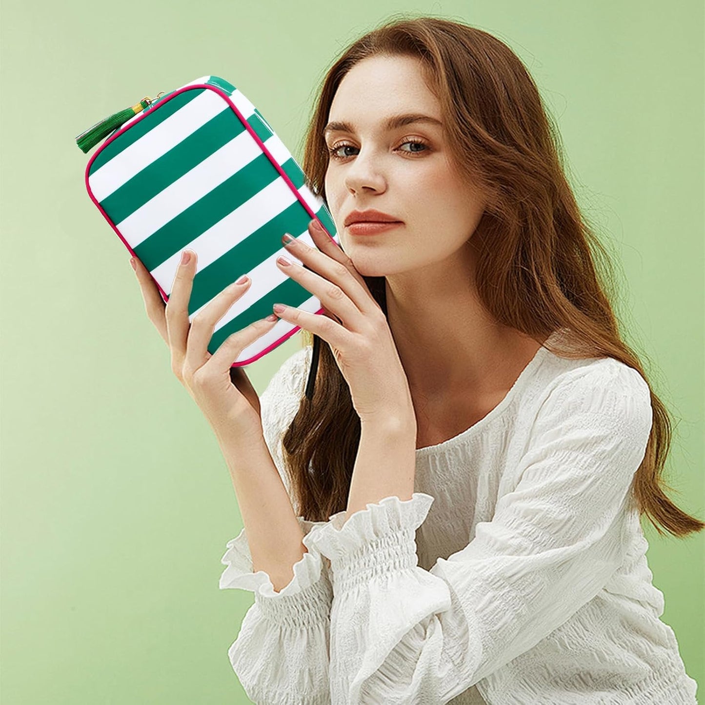 Stripe Makeup Bag Travel Cosmetic Bag Organizer Tassel Toiletry Bag Large Canvas Zipper Pouch and Accessories Storage Bag for Women