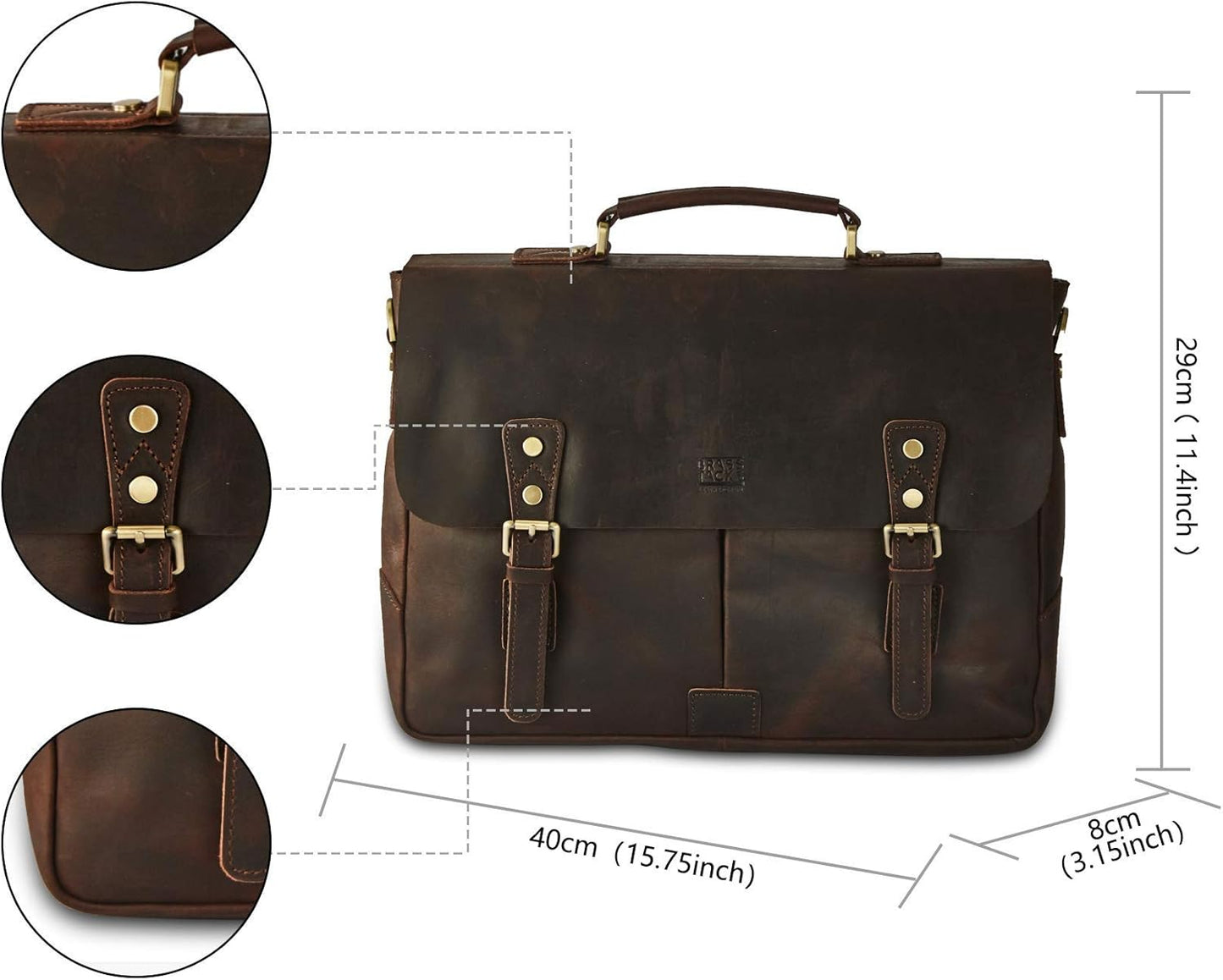 Full Crazy Horse Leather Briefcase Tote Vintage Buckle Strap Messenger Bag 15.6 inch Laptop Tablet Shoulder Bag