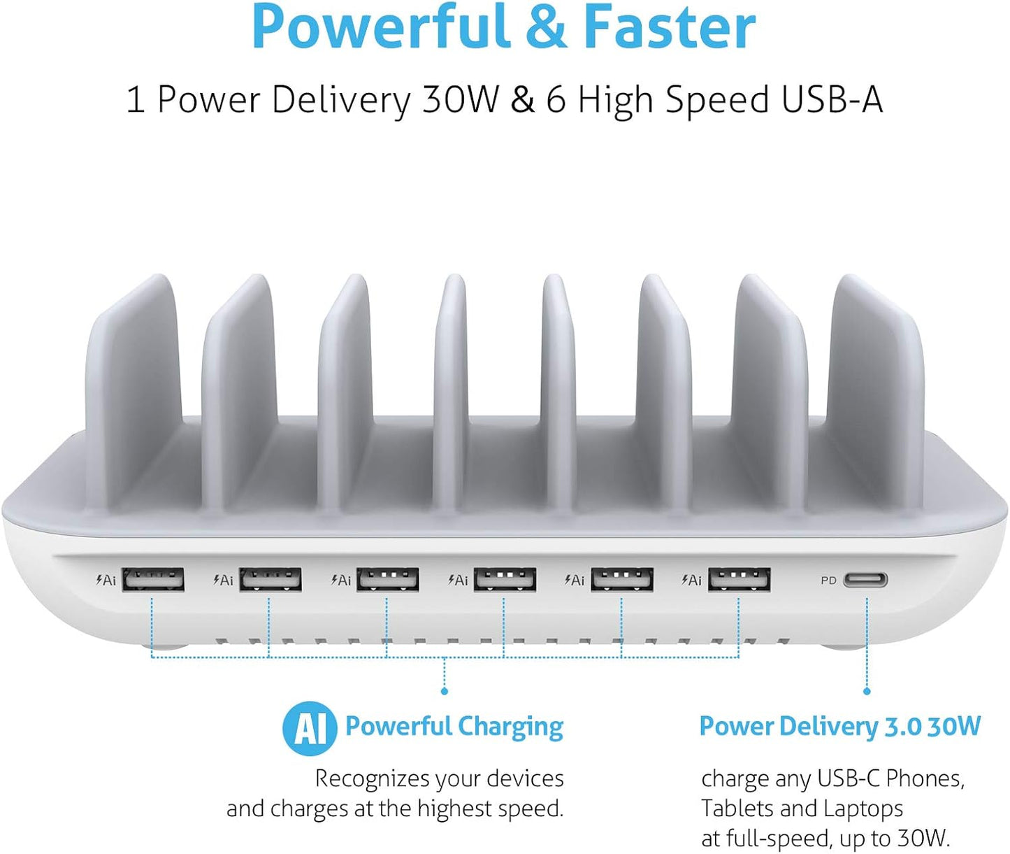 SooPii 70W 7 Port Charging Station for Multiple Devices,Charger Station with One 30W Power Delivery Port for Laptops,and 6 USB Ports for Smart Phones,Tablets,Other Electronics, White
