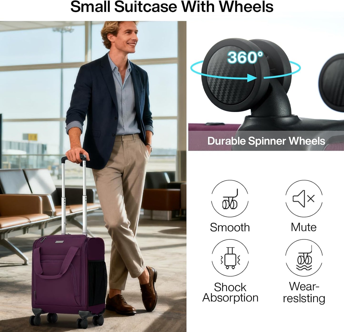 MILADA Carry On Luggage Airline Approved 16 Inch Underseat Small Suitcases with Wheels Softside Travel Luggage Personal Item Overnight Bag Business Mini Suitcase for Women and Men, Purple