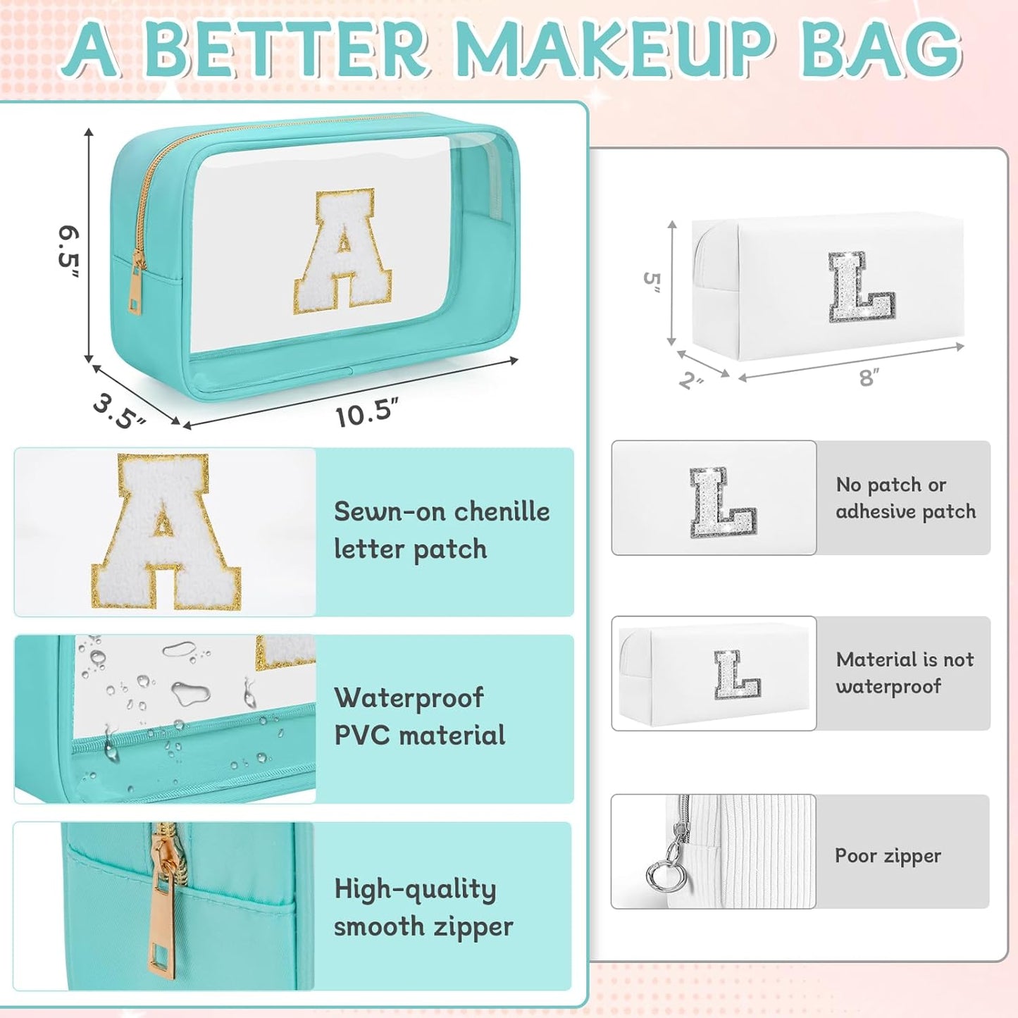 Personalized Initial Clear Makeup Bag, Travel Chenille Patch Cosmetic Bag, Preppy Toiletry Bag Monogram Cosmetic Pouch with Zipper, Ideal Gift for Teen Girls Women (Clear-Green, A)