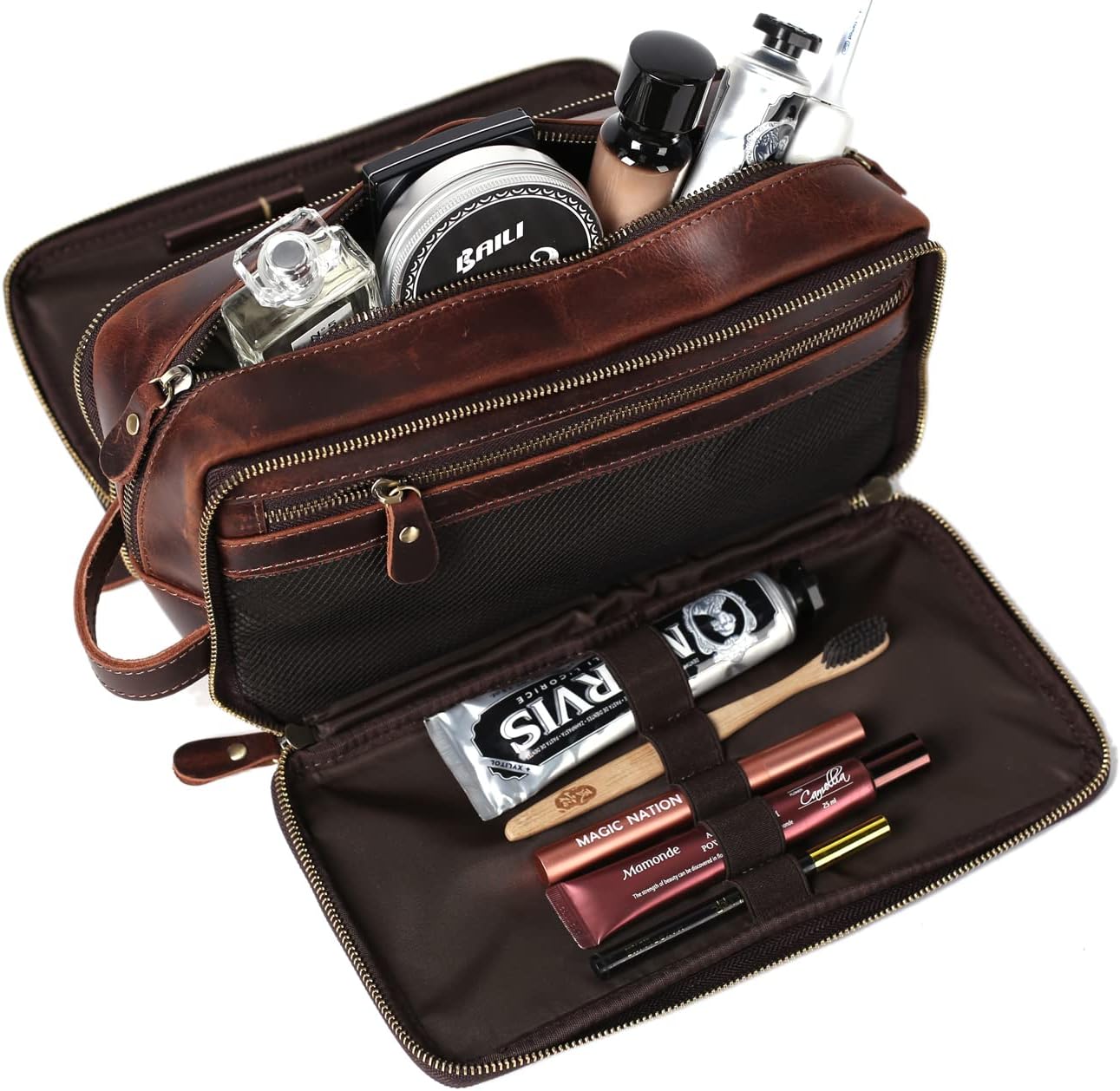Personalized Leather Toiletry Bag for Men Travel Shaving Dopp Kit-Large Cosmetic Bags Toiletries Bathroom Organizer