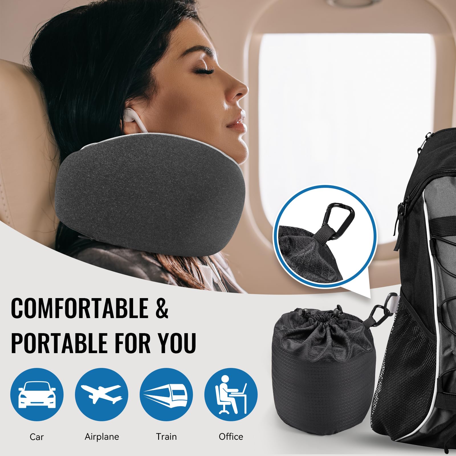 Asteraty Travel Pillow, Memory Foam Neck Pillow with Ergonomic 360° Support, Travel Neck Pillow for