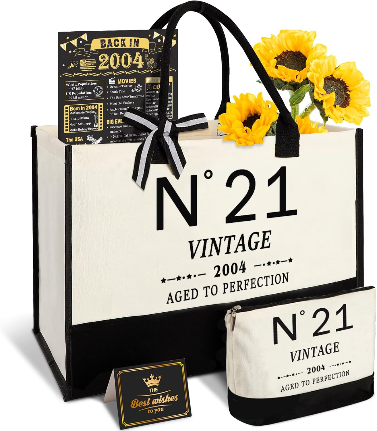 21st Birthday Gifts for Her Canvas Tote Bag Travel Gear, Unique 21 Years Old Gifts for Girlfriend Sister Coworker Friends Classmate Women, Vintage N°21 Handbag & Cosmetic Bag & Back in 2004 Poster