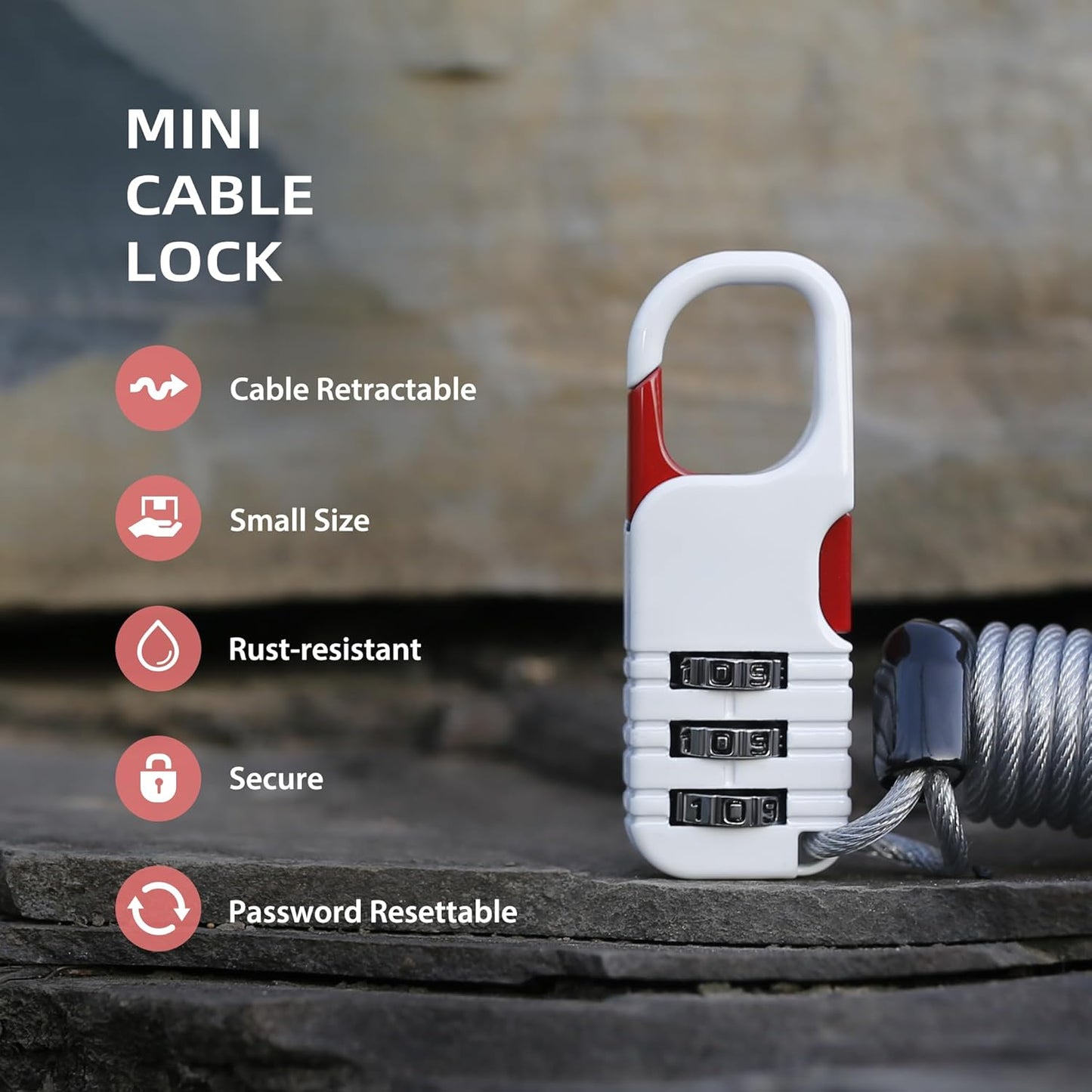 Combination Lock with Retractable Cable, Small Cable Lock with Code, Mini Padlock Combination, for Travel Luggage, Suitcases, Backpack, Bag Zipper, Bicycle, Motorcycle Helmet Anti Theft